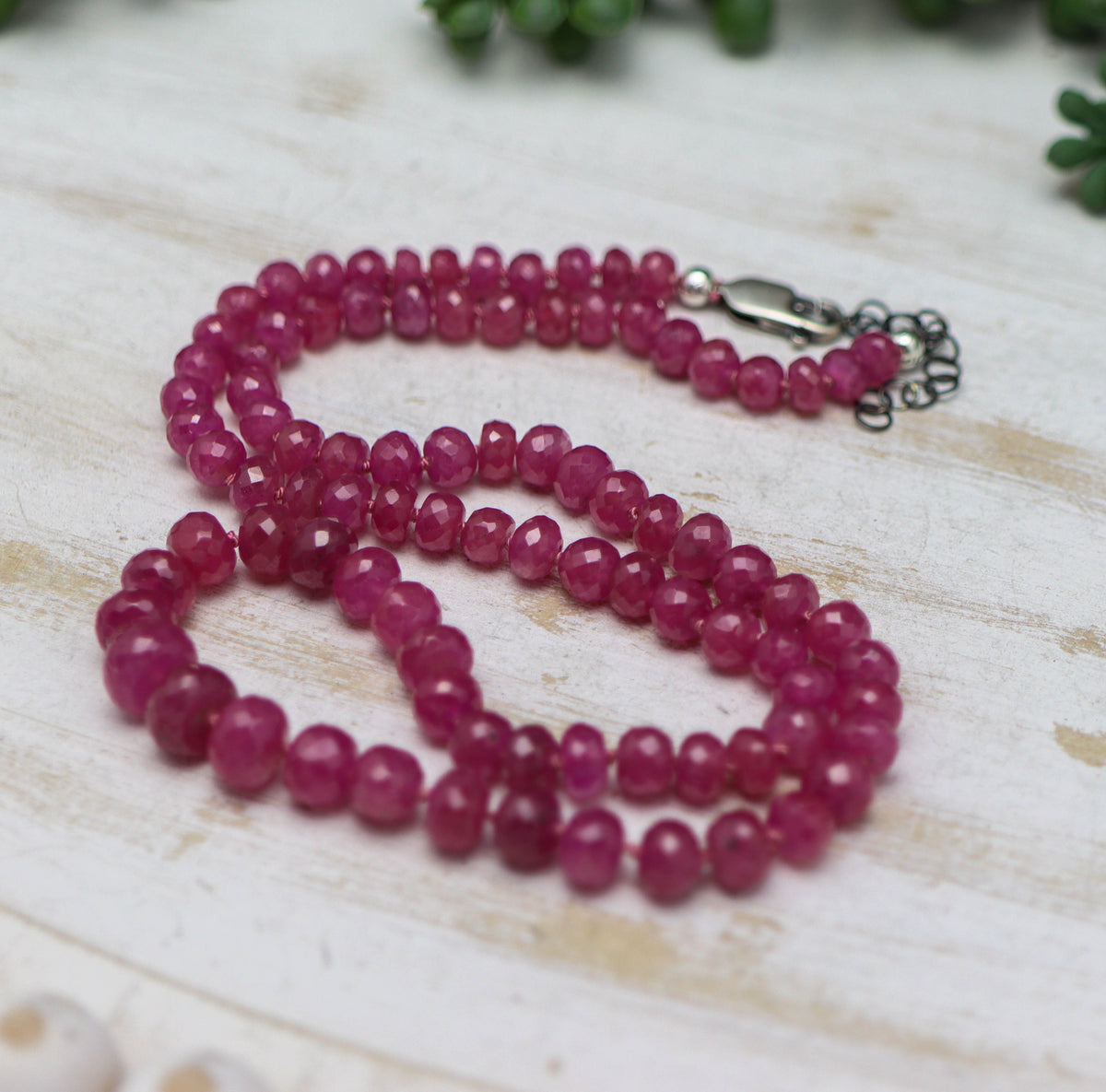 Pink Sapphire Hand Knotted Bead Necklace Sterling Silver