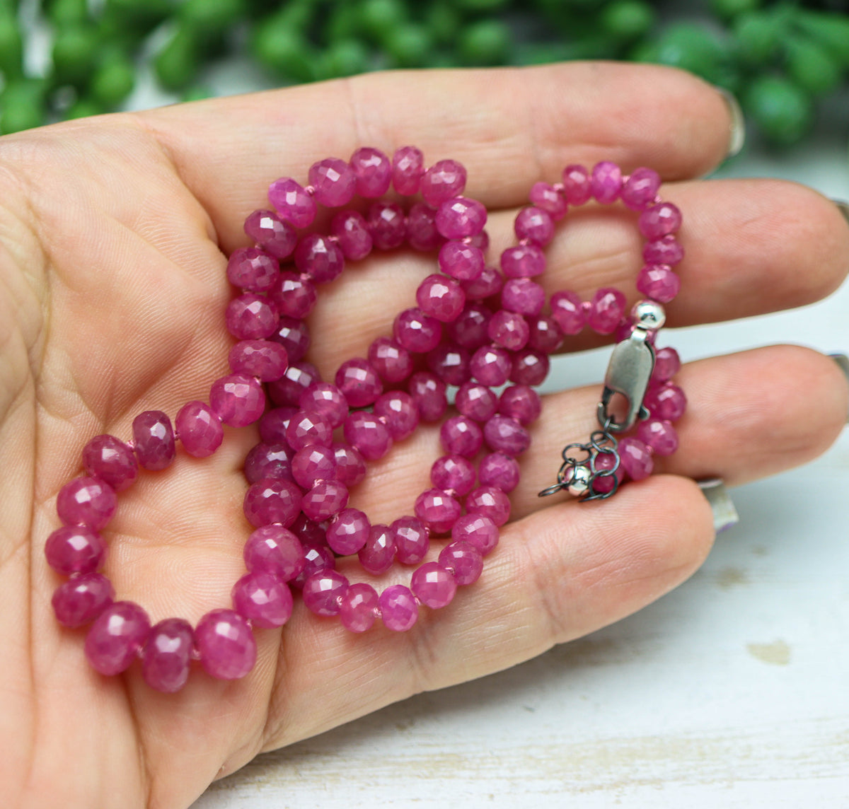 Pink Sapphire Hand Knotted Bead Necklace Sterling Silver