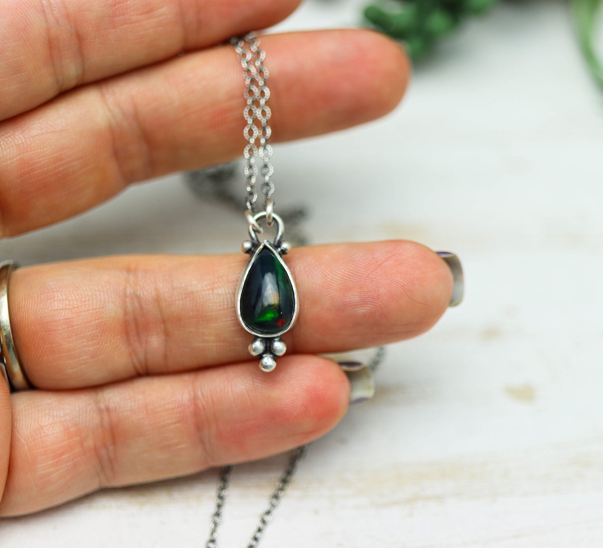 Ethiopian Black Opal Pendant Necklace in Sterling Silver
