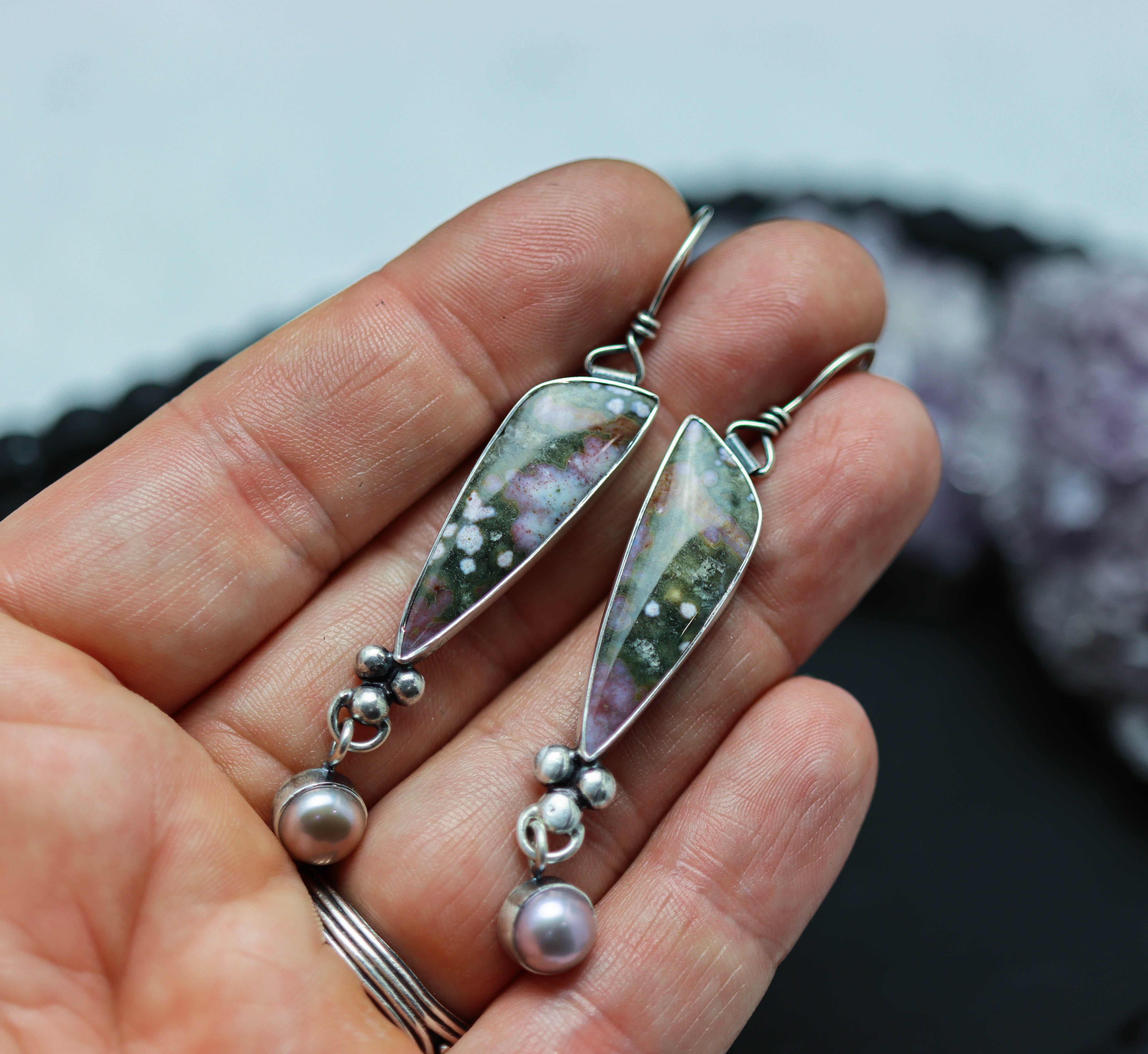 Purple Orbicular River Jasper and Pearl Dangle Earrings Sterling Silver