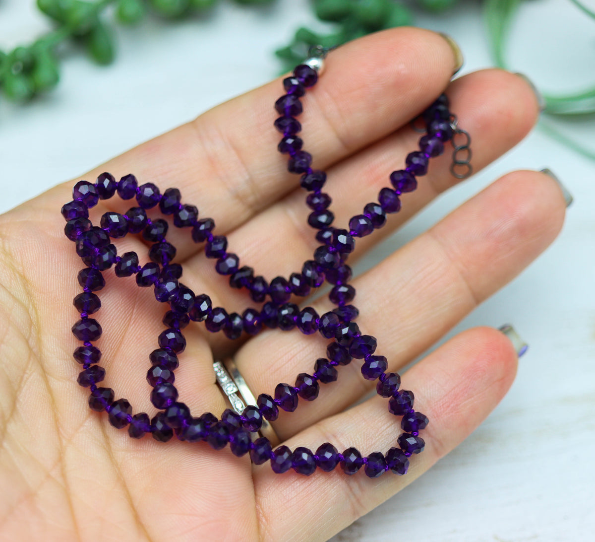 Amethyst Hand Knotted Bead Necklace Sterling Silver