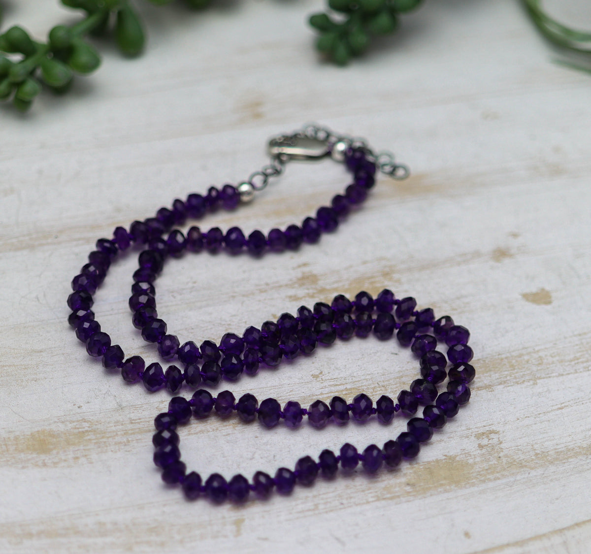 Amethyst Hand Knotted Bead Necklace Sterling Silver