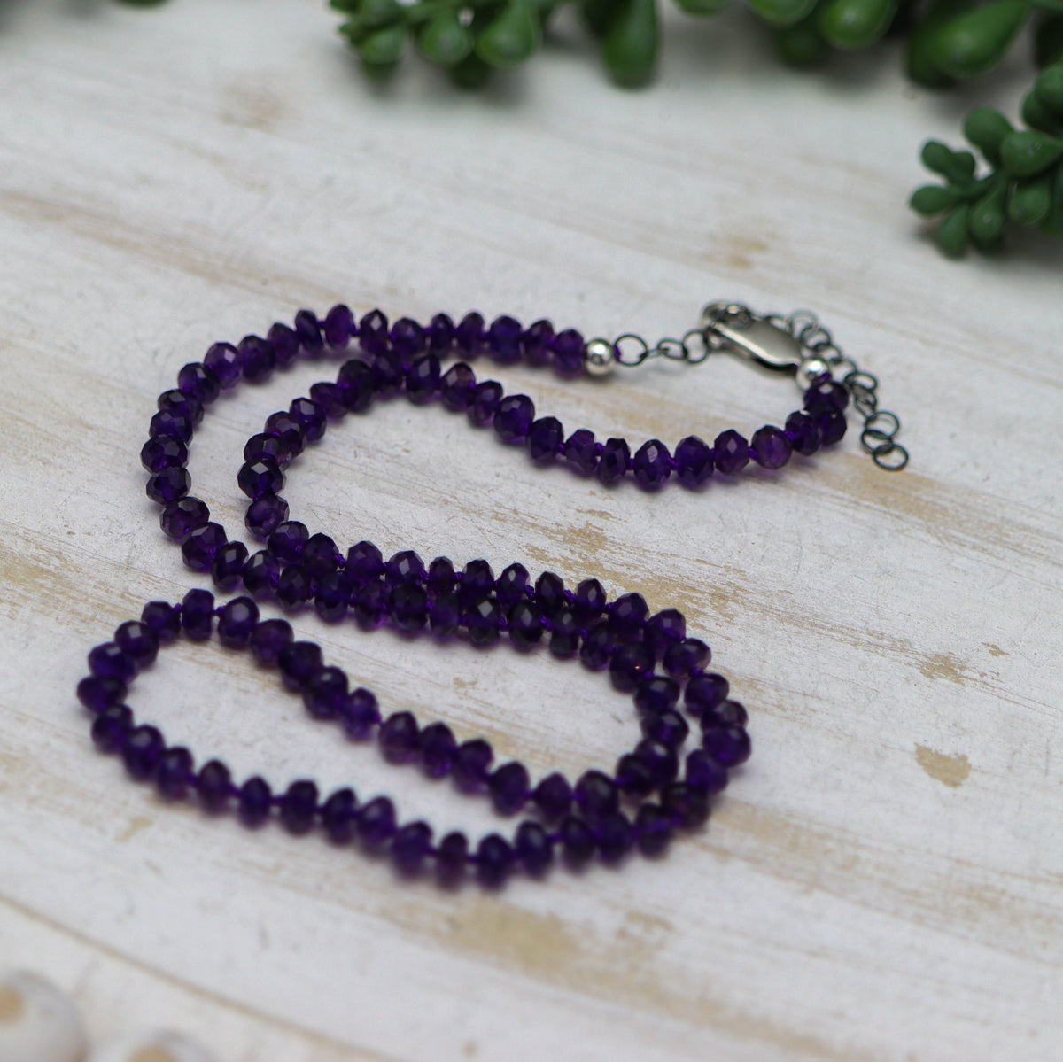 Amethyst Hand Knotted Bead Necklace Sterling Silver
