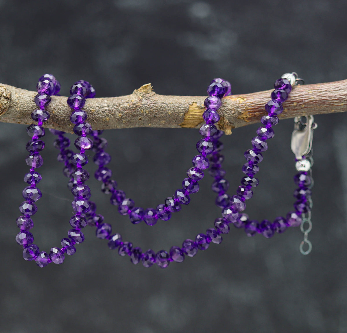 Amethyst Hand Knotted Bead Necklace Sterling Silver