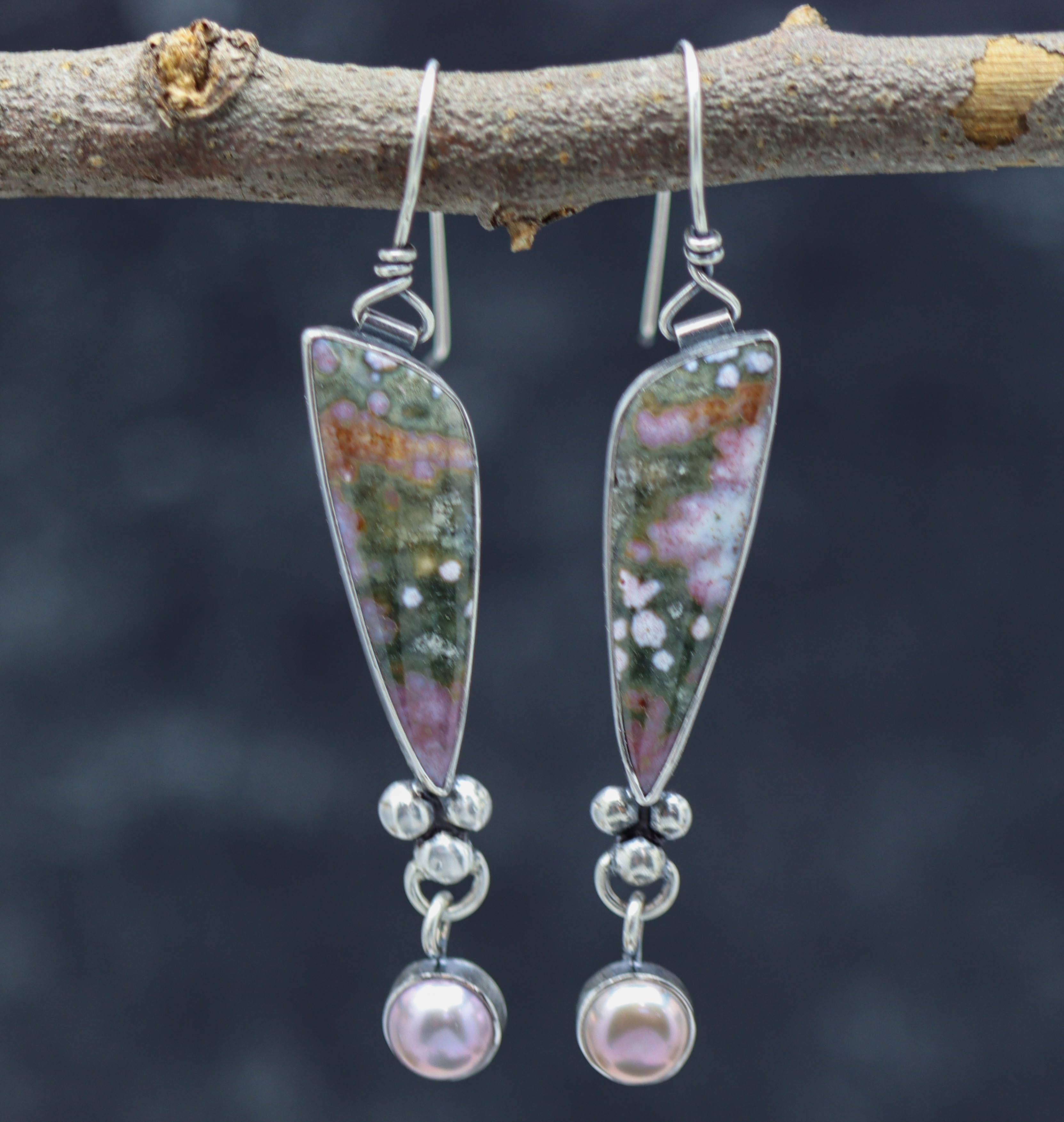 Purple Orbicular River Jasper and Pearl Dangle Earrings Sterling Silver