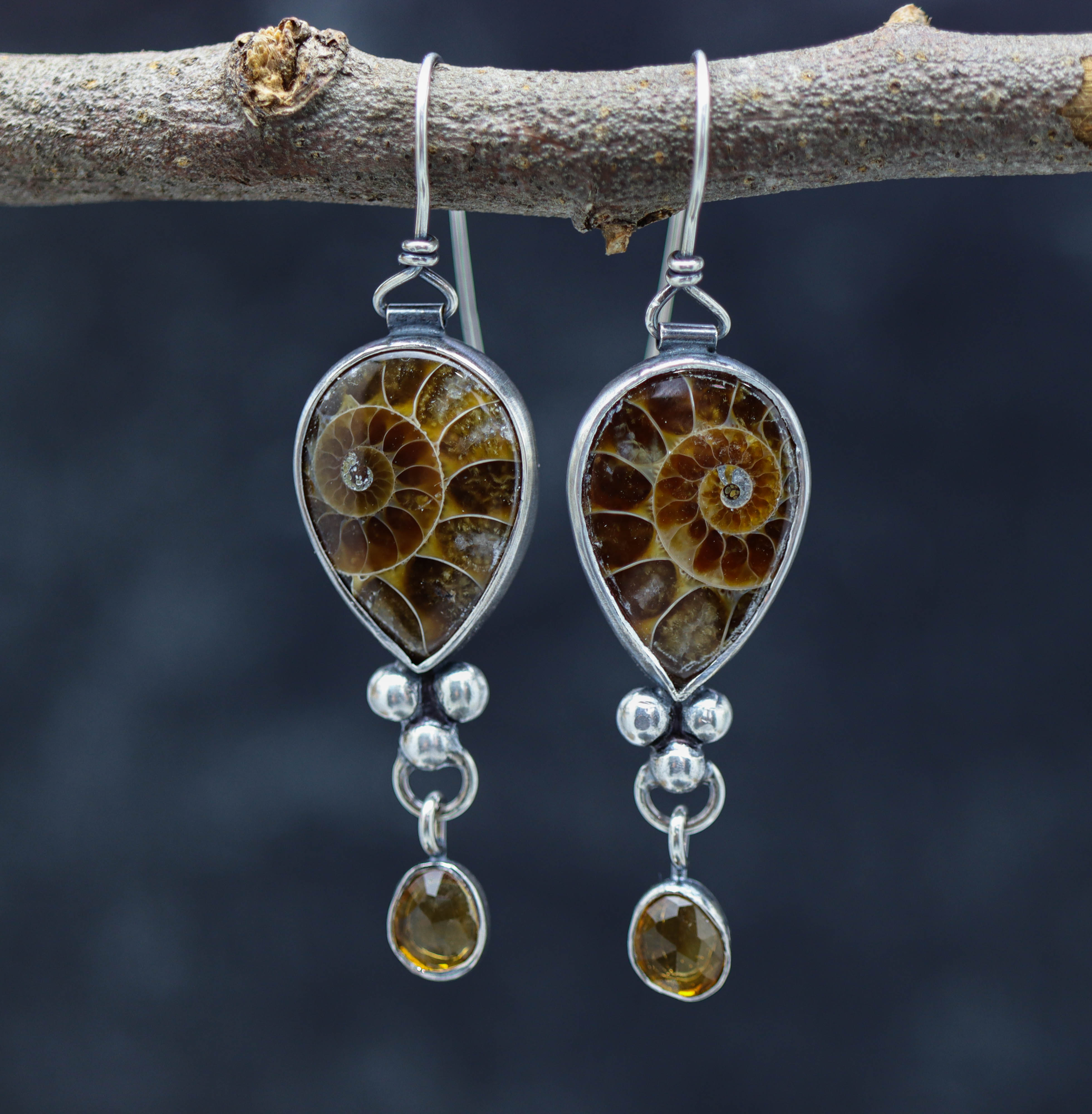 Ammonite and Citrine Earrings Sterling Silver