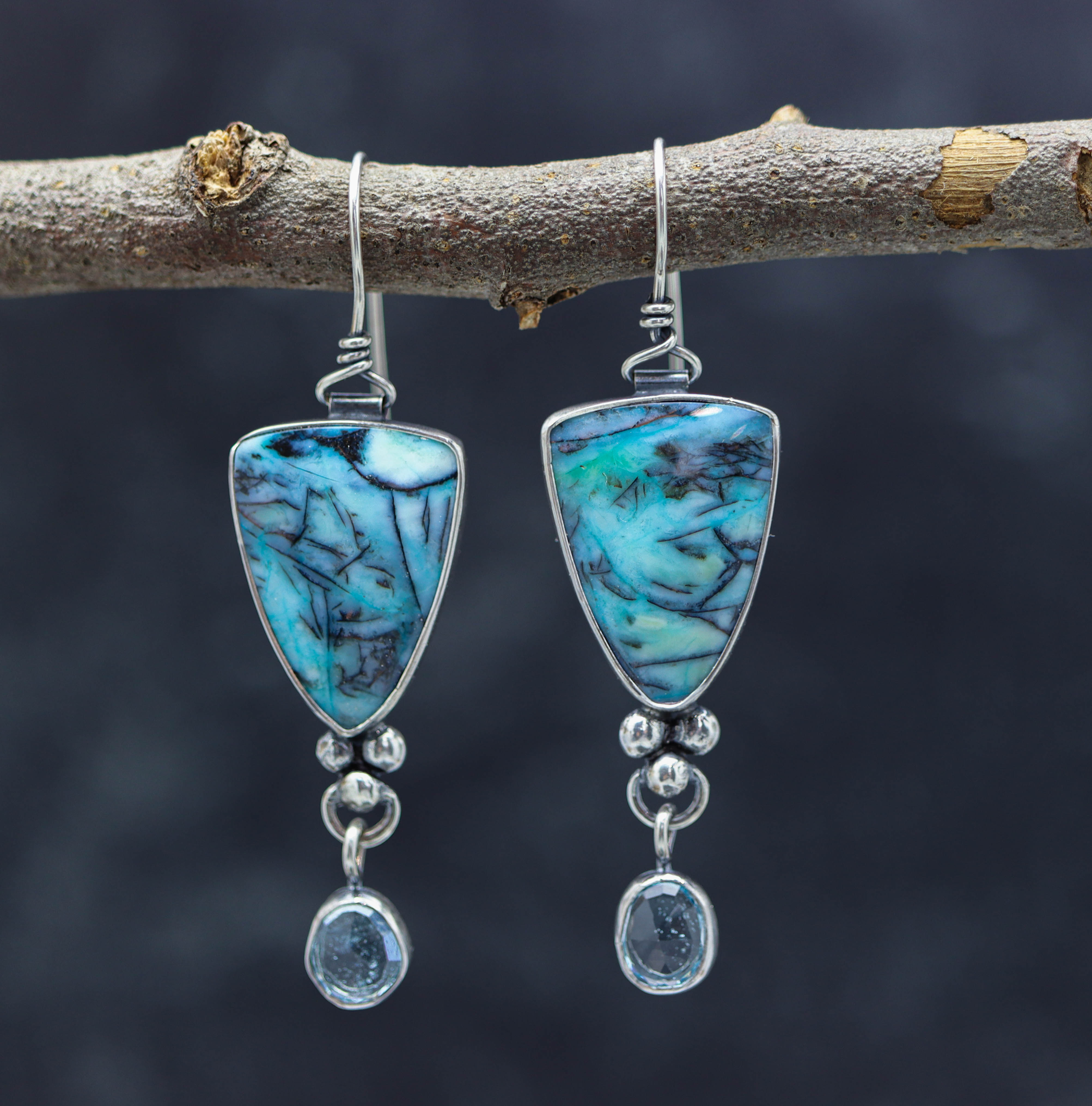 Opalized Petrified Wood and Blue Topaz Dangle Earrings Sterling Silver