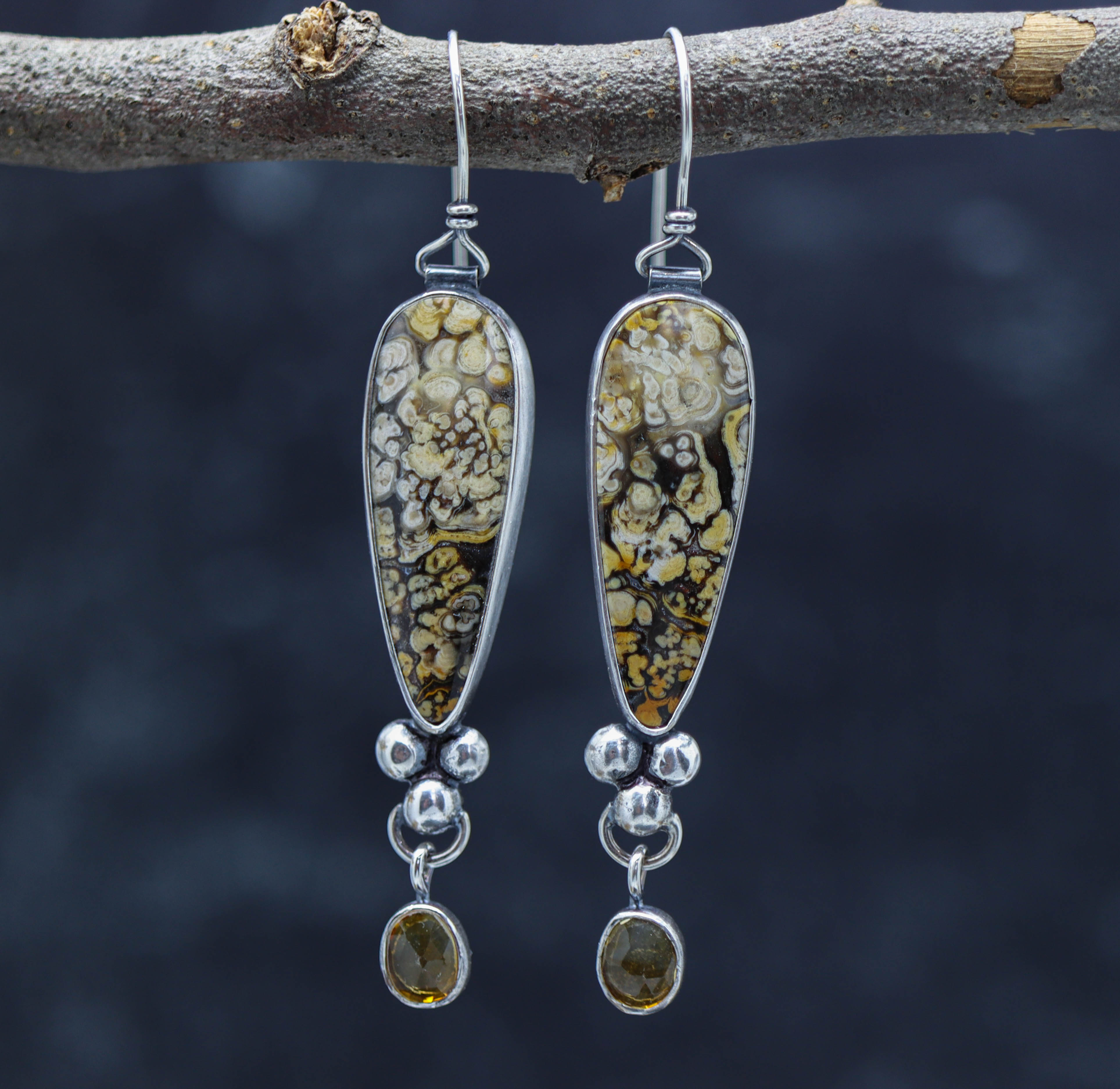 Plume Agate and Mandarine Citrine Dangle Earrings