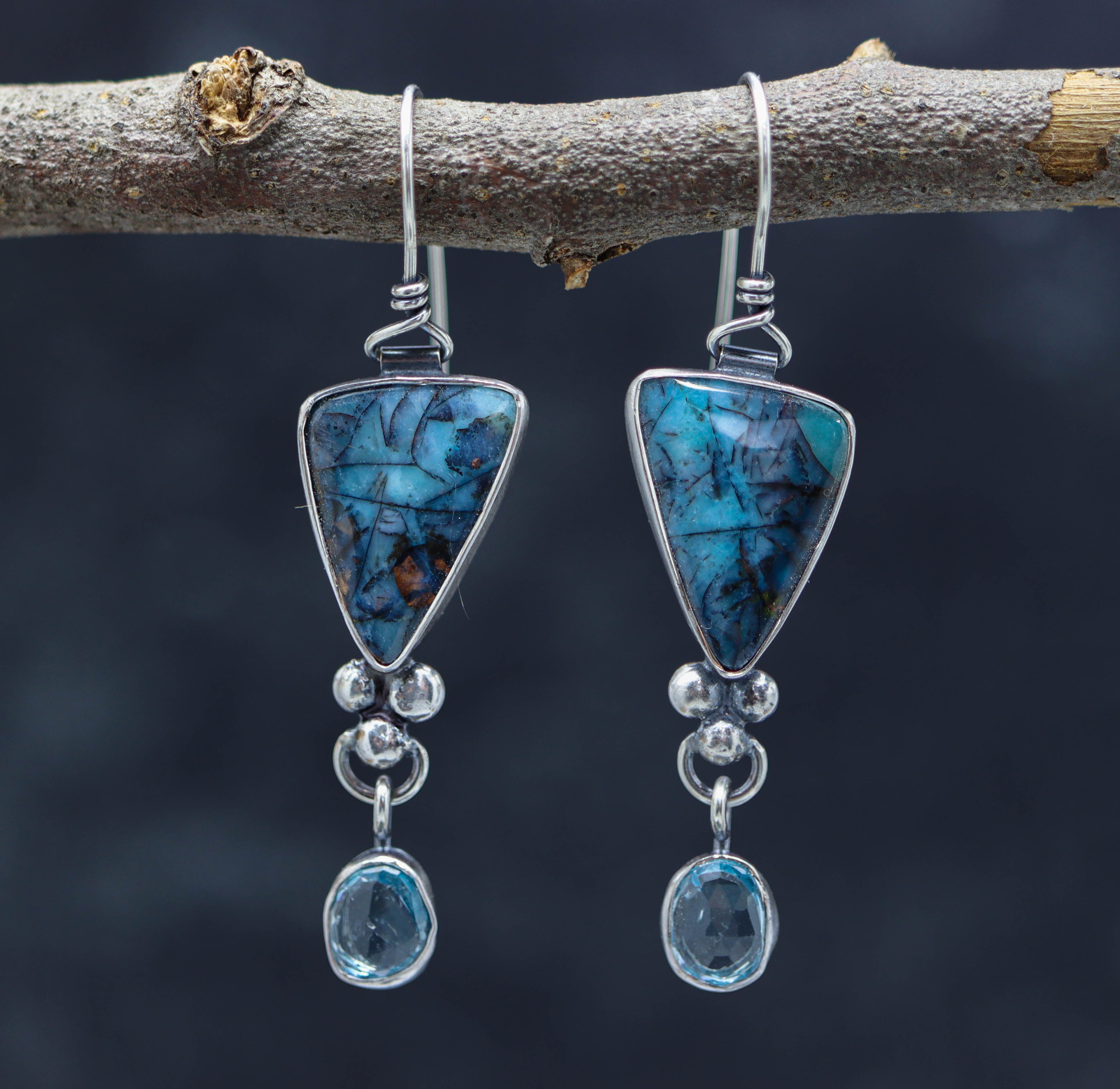 Opalized Petrified Wood and Blue Topaz Dangle Earrings Sterling Silver