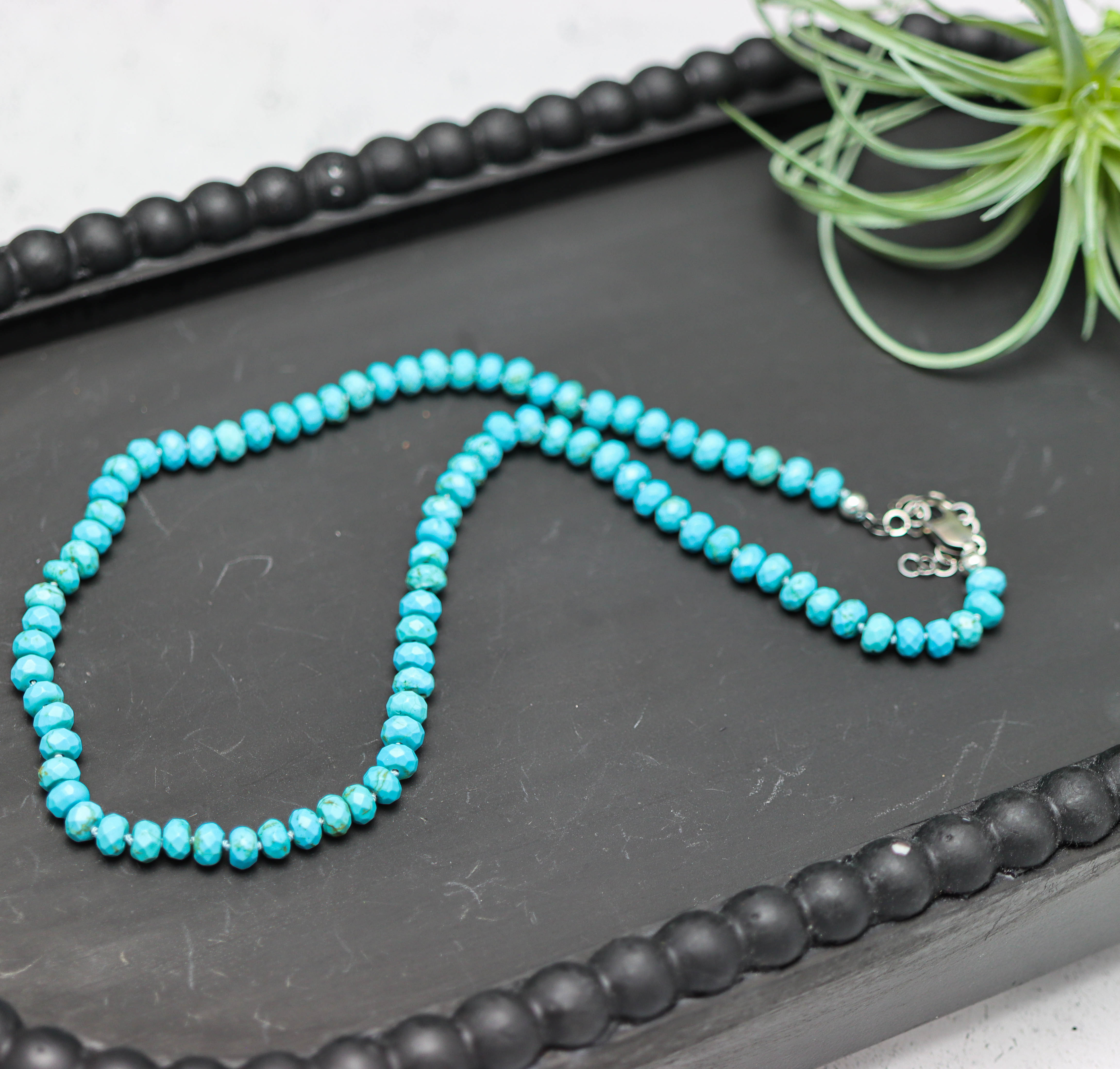 Faceted Turquoise Hand Knotted Bead Necklace Sterling Silver 16 inch