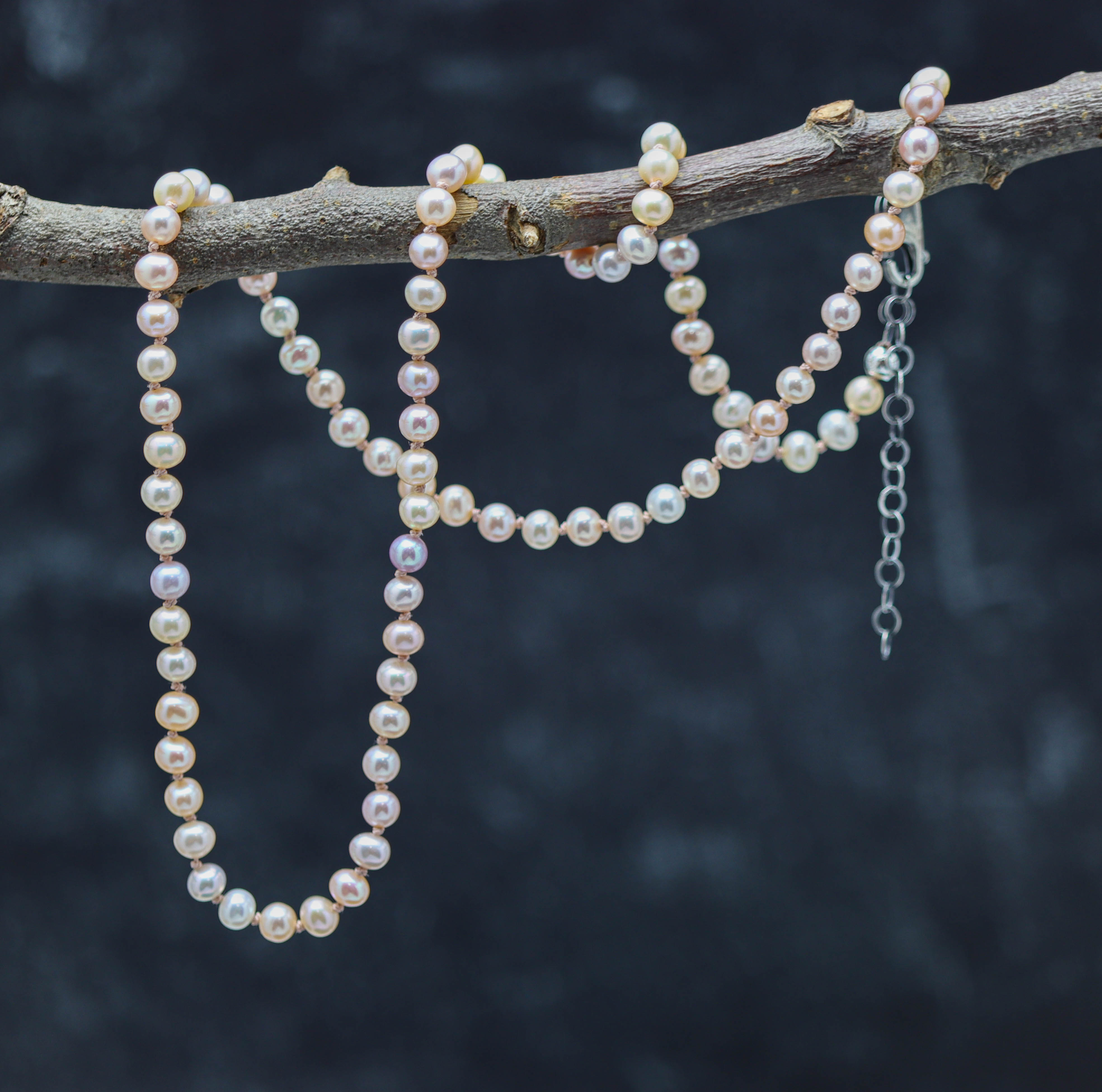 Pink Pearl Hand Knotted Bead Necklace Sterling Silver