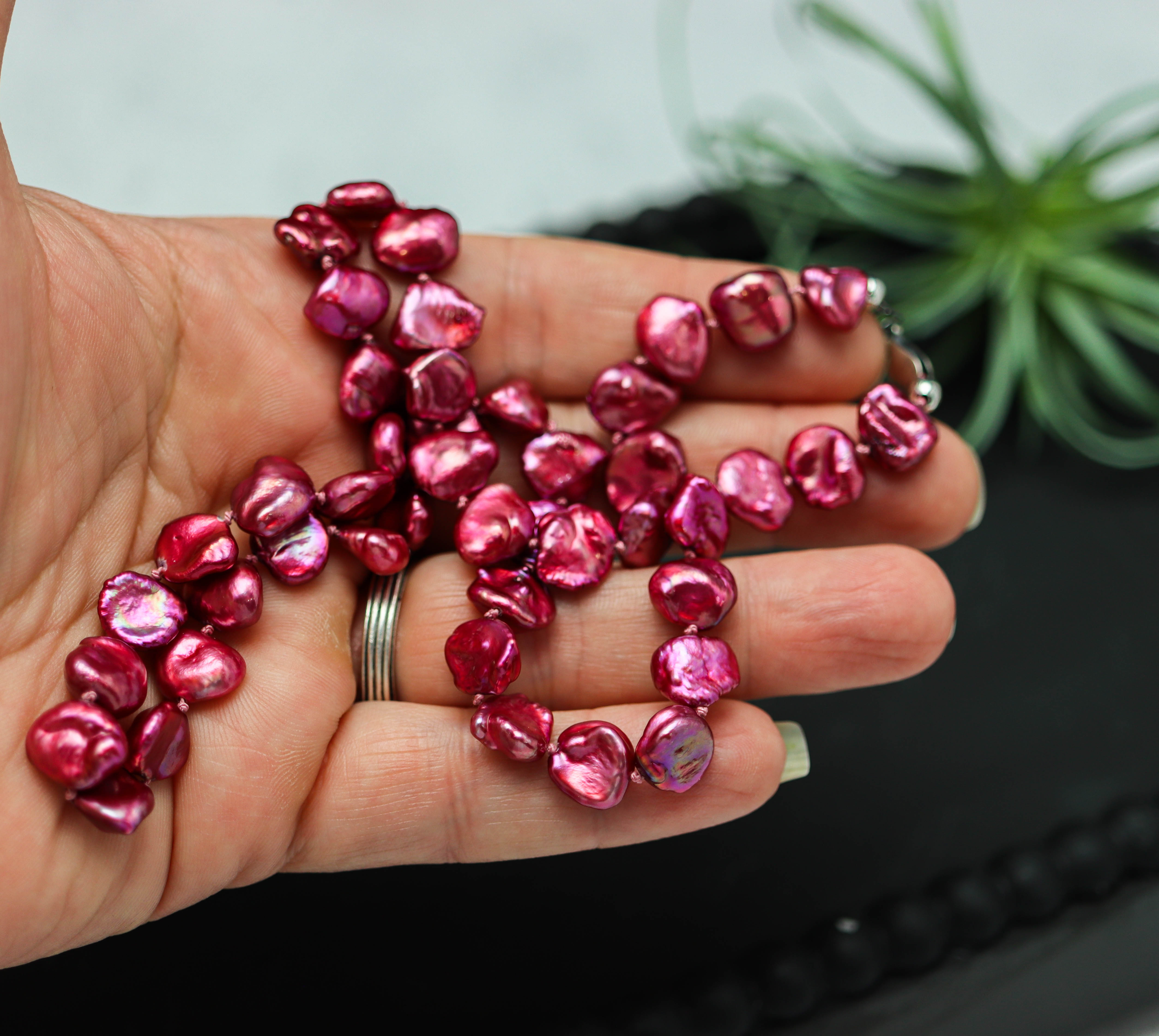 Pink Keshi Pearl Hand Knotted Bead Necklace Sterling Silver