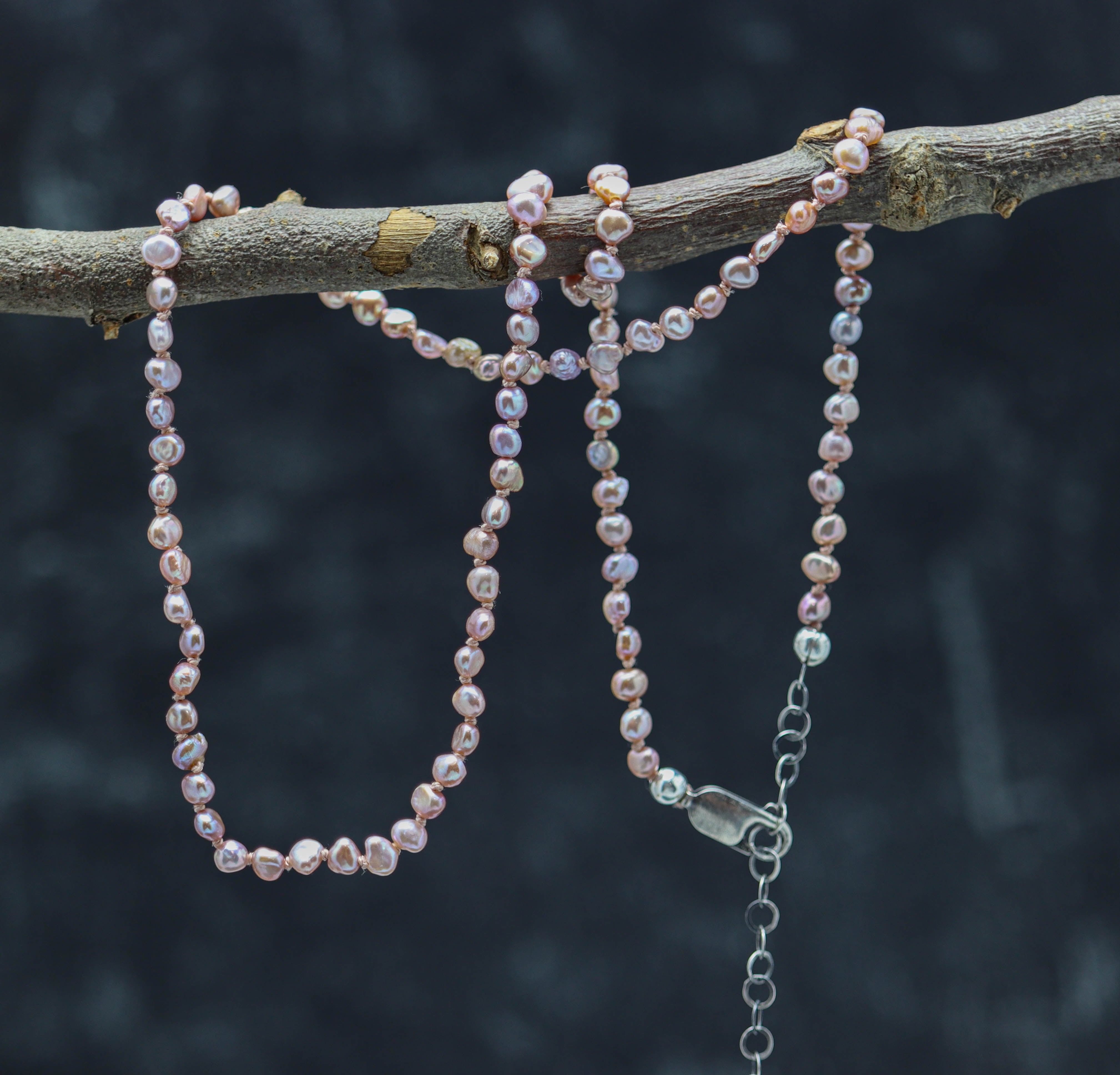 Lavender Pink Pearl Hand Knotted Bead Necklace Sterling Silver
