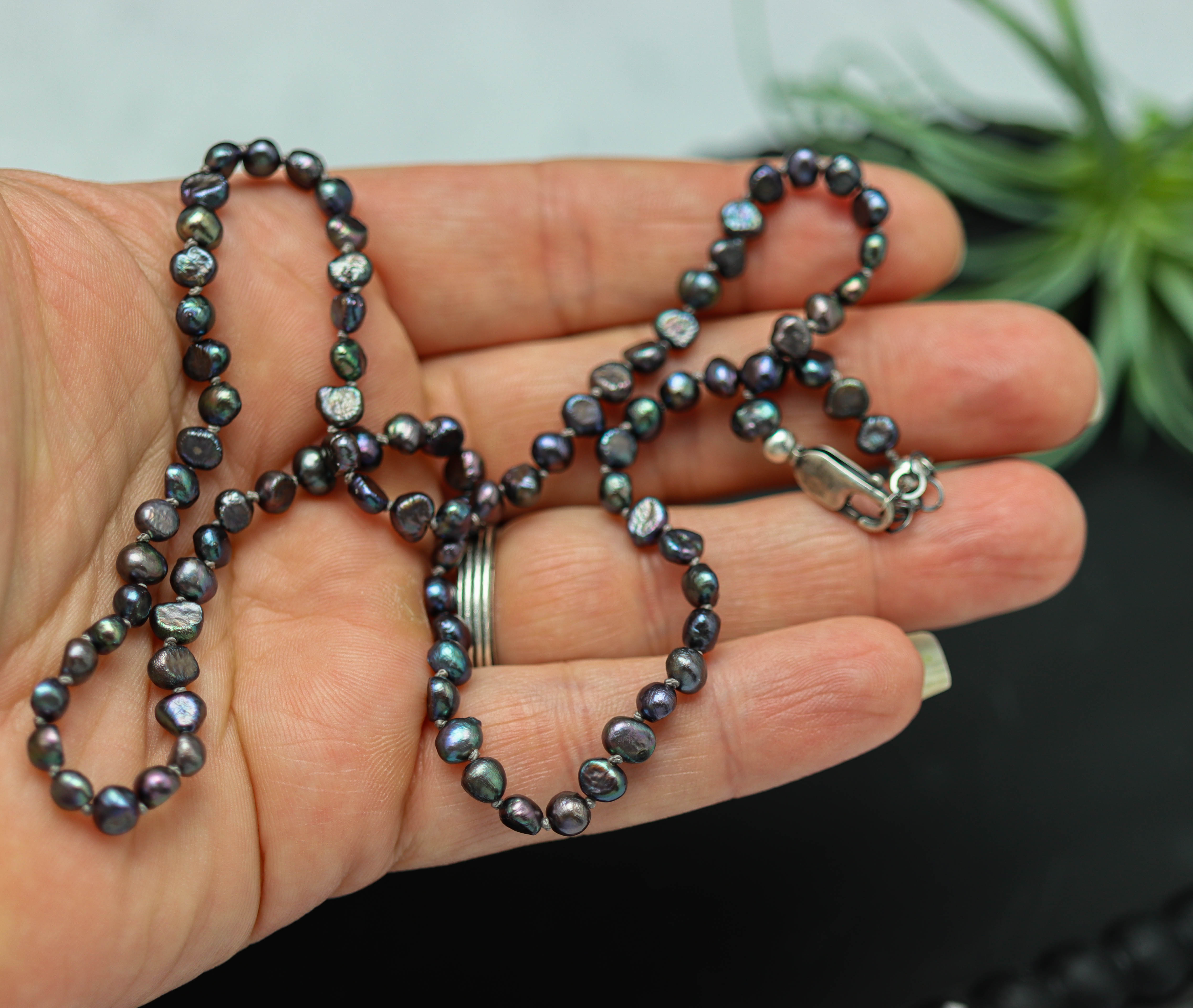 Peacock Grey Freshwater Pearl Hand Knotted Bead Necklace Sterling Silver