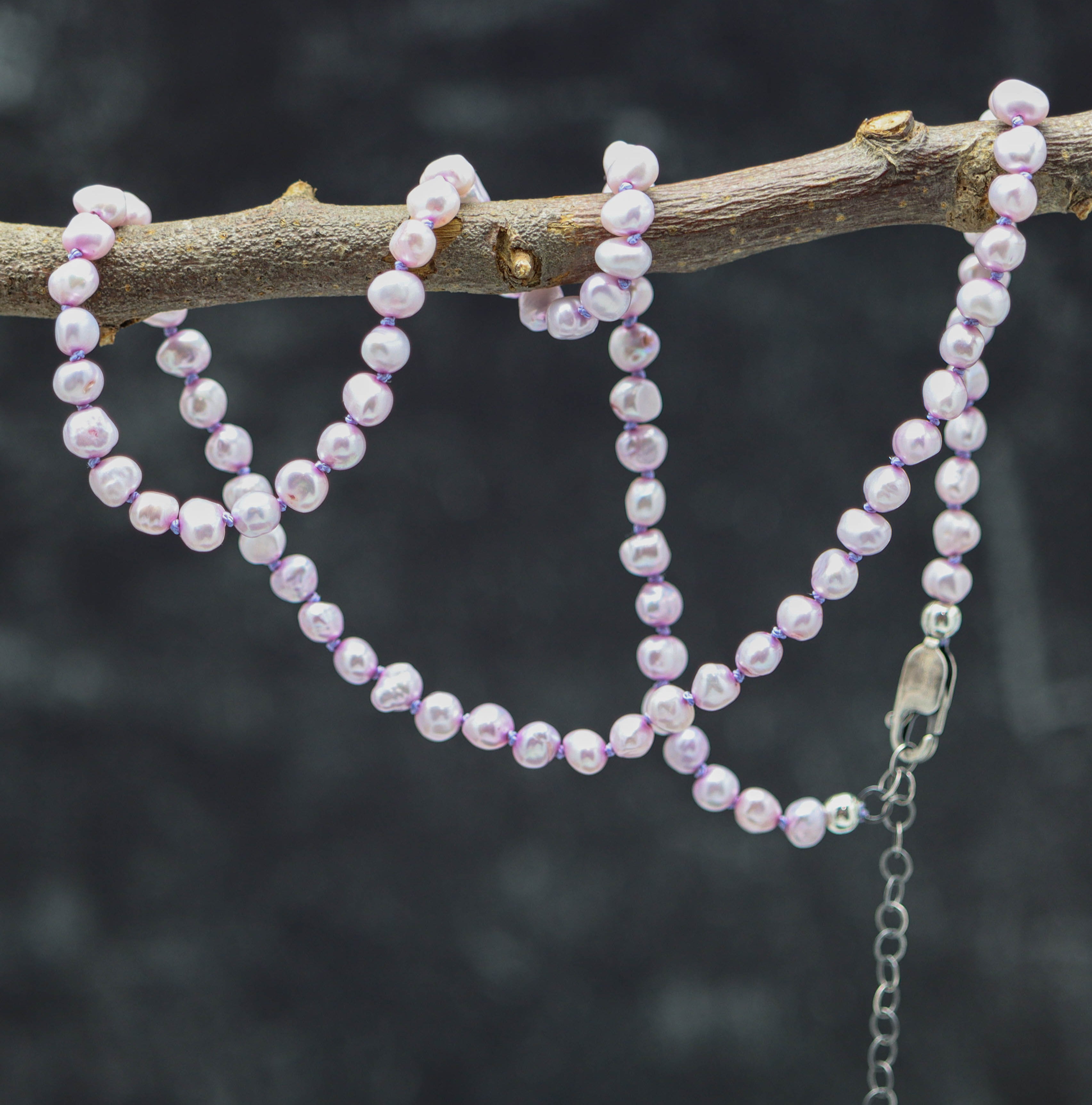 Lavender Freshwater Pearl Hand Knotted Bead Necklace Sterling Silver