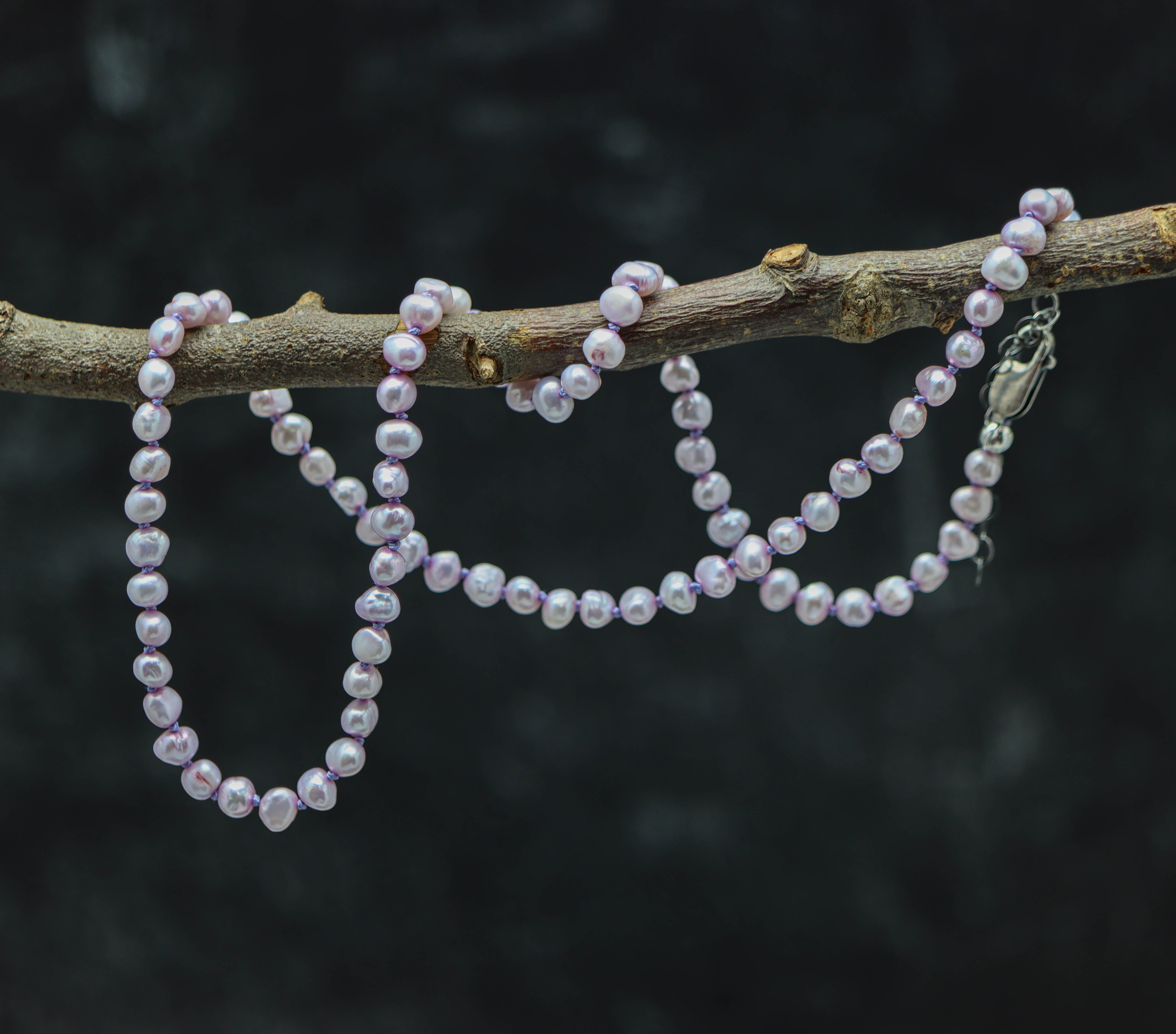 Lavender Freshwater Pearl Hand Knotted Bead Necklace Sterling Silver