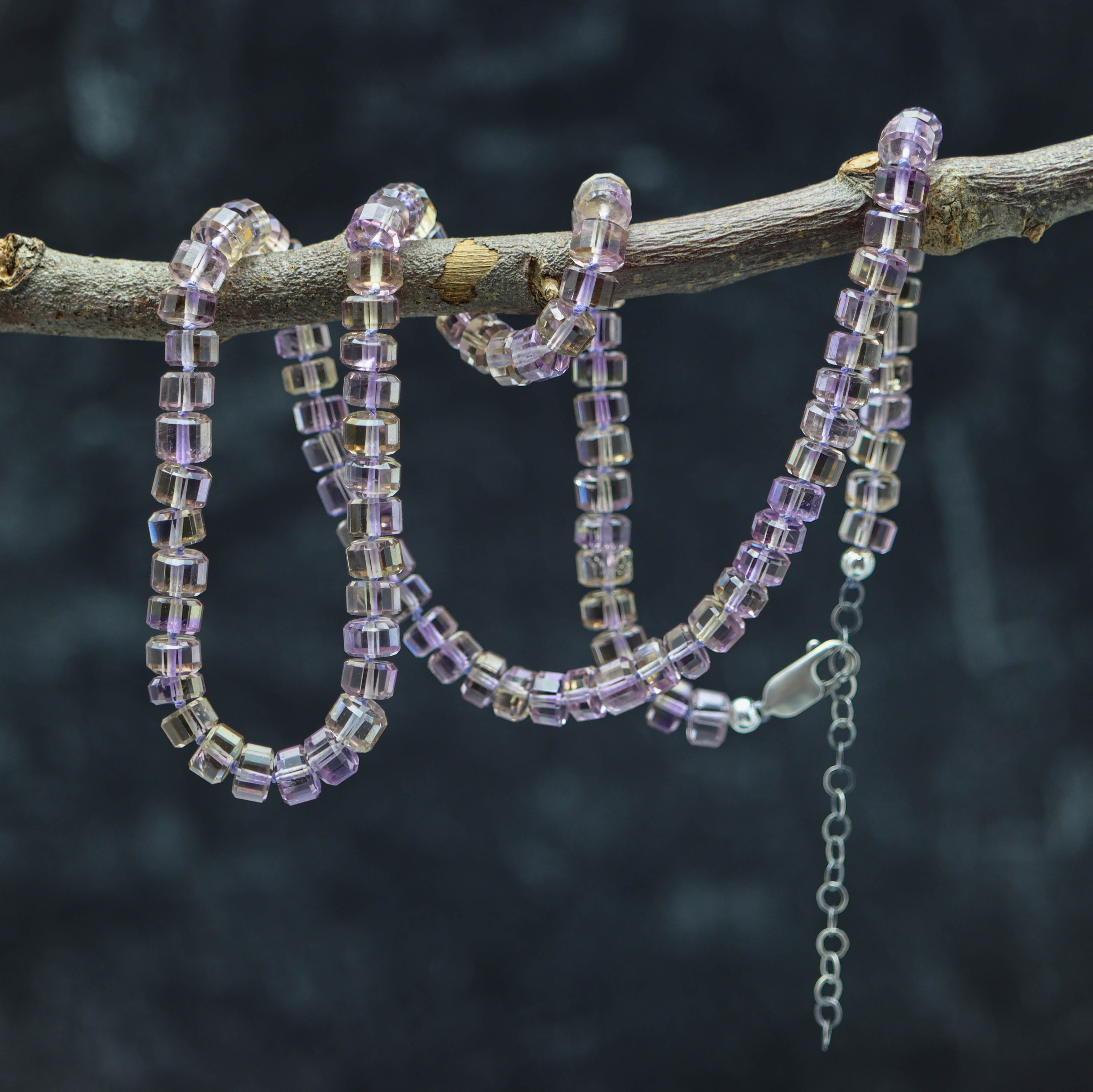 Ametrine Hand Knotted Bead Necklace Sterling Silver Faceted Barrels