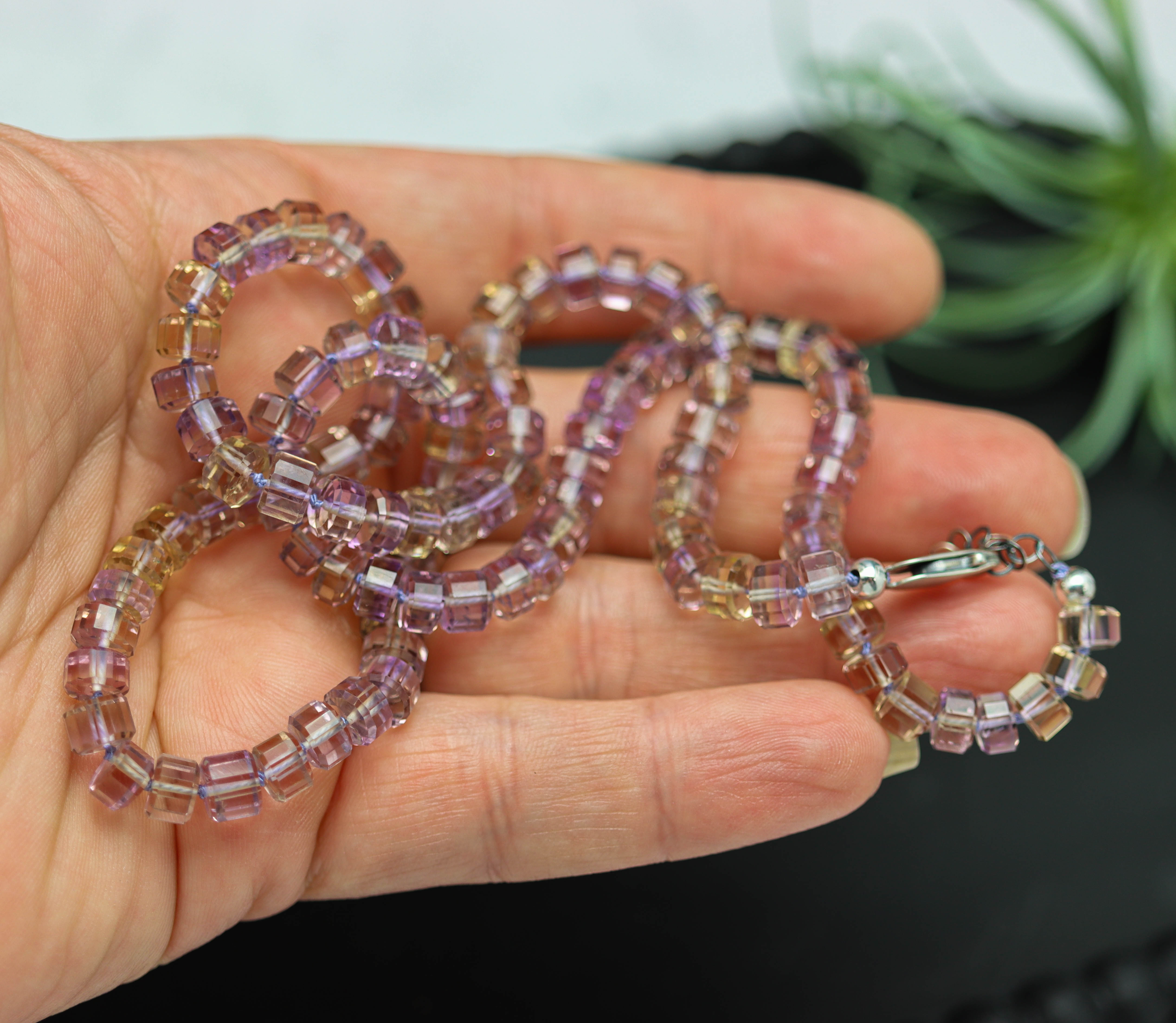 Ametrine Hand Knotted Bead Necklace Sterling Silver Faceted Barrels