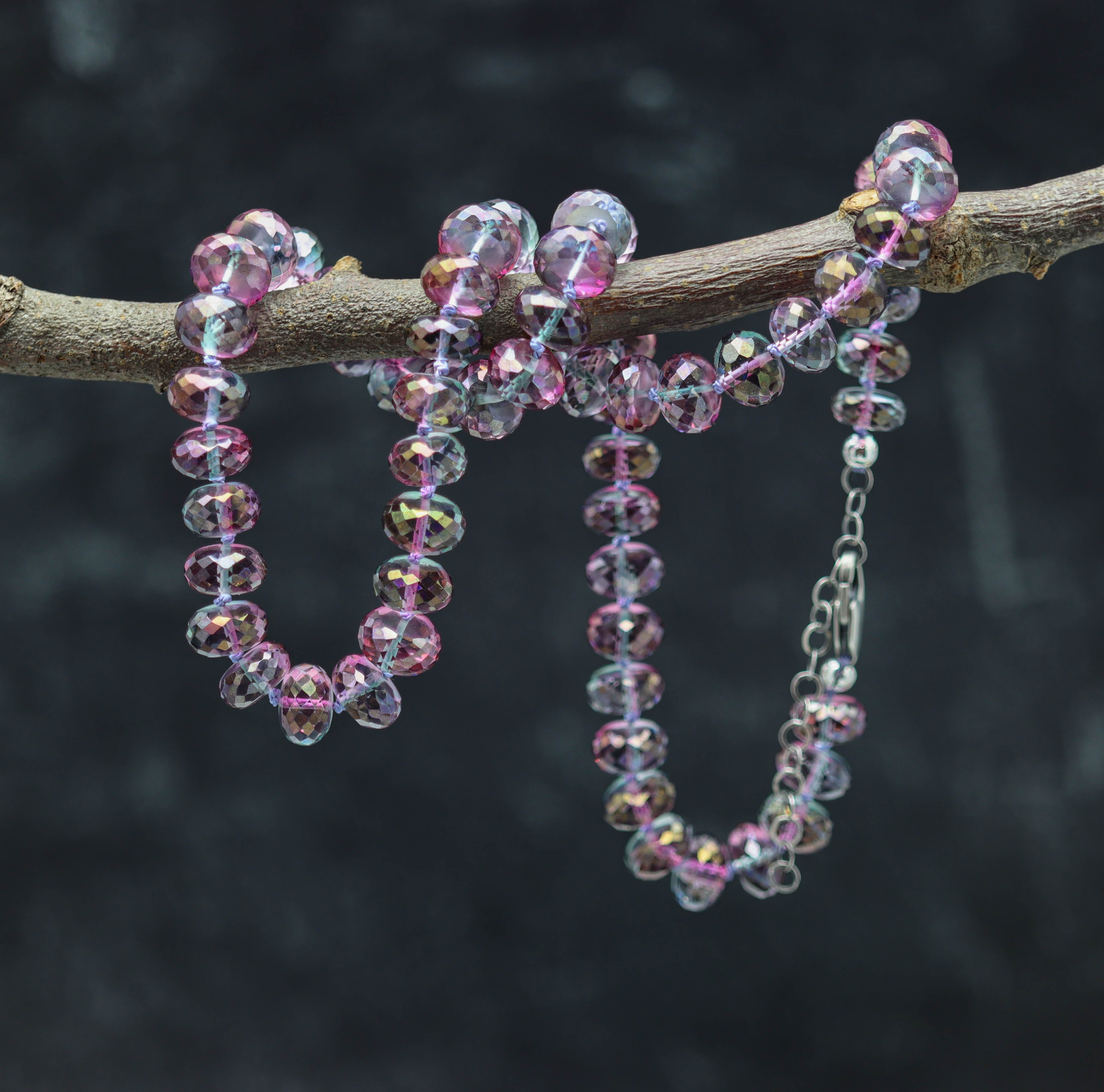 Purple, or Pink, or Blue! Quartz Hand Knotted Bead Necklace Sterling Silver