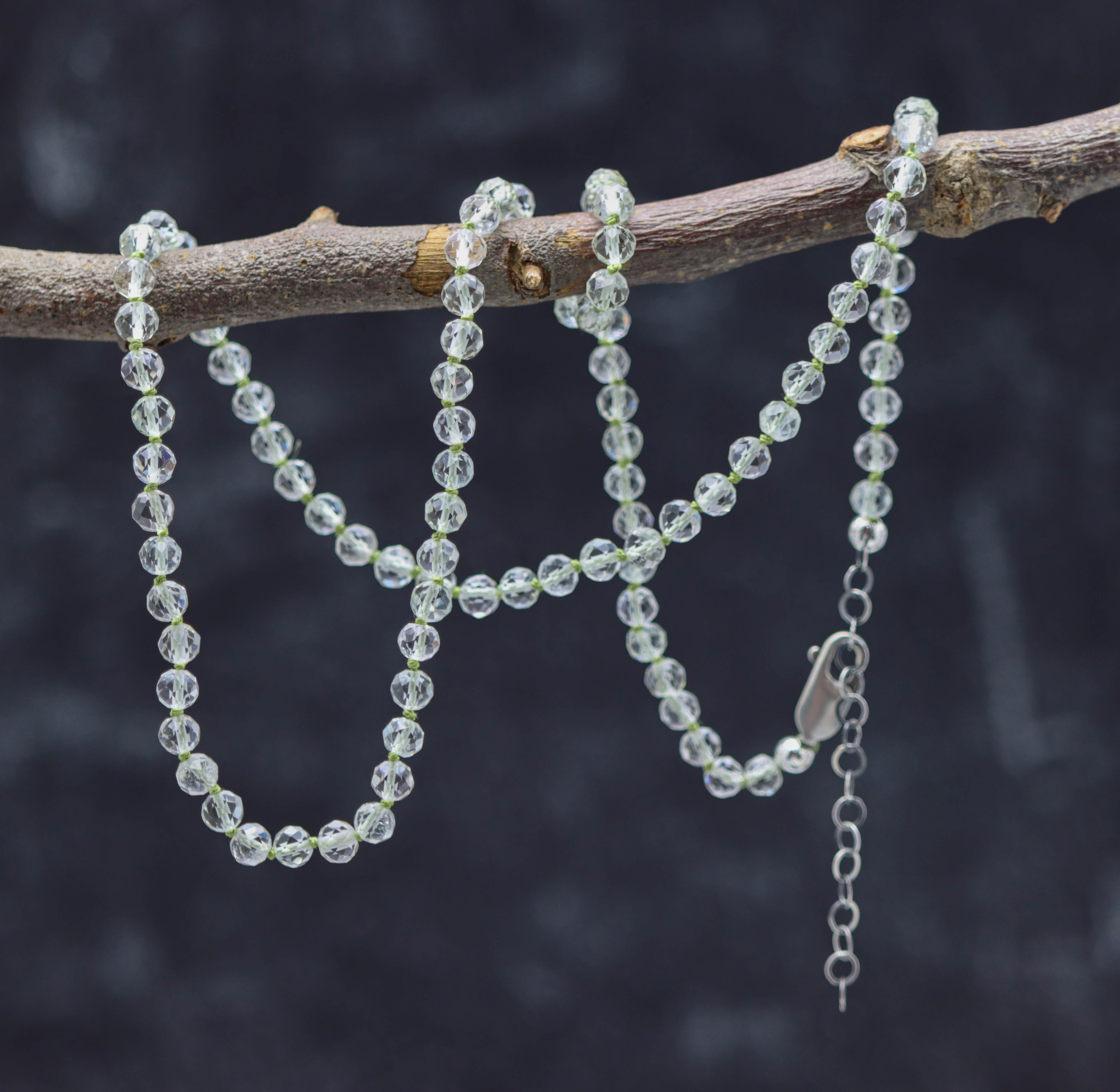 Green Amethyst Hand Knotted Bead Necklace Sterling Silver