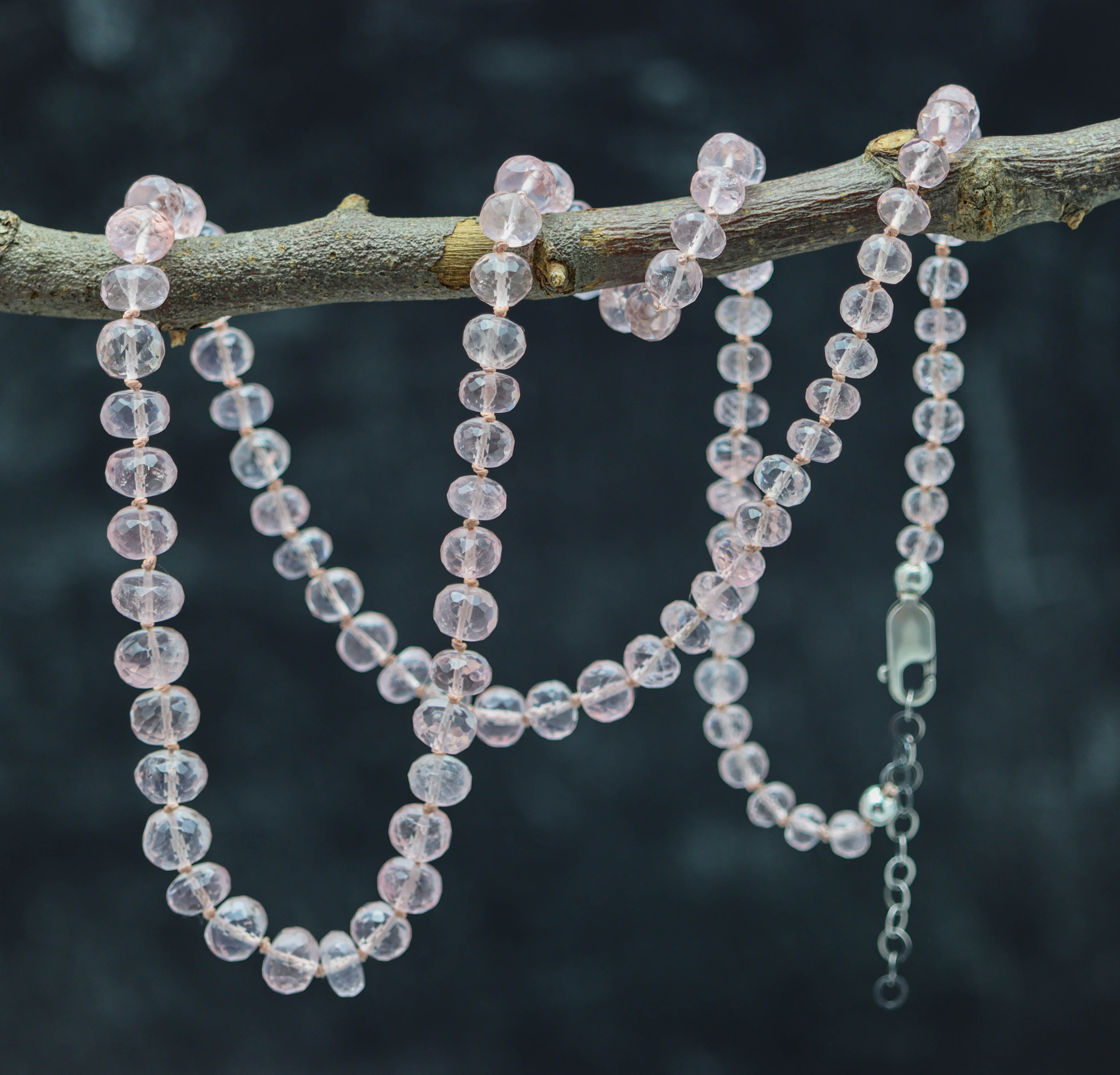 Madagascar Rose Quartz Hand Knotted Bead Necklace Sterling Silver
