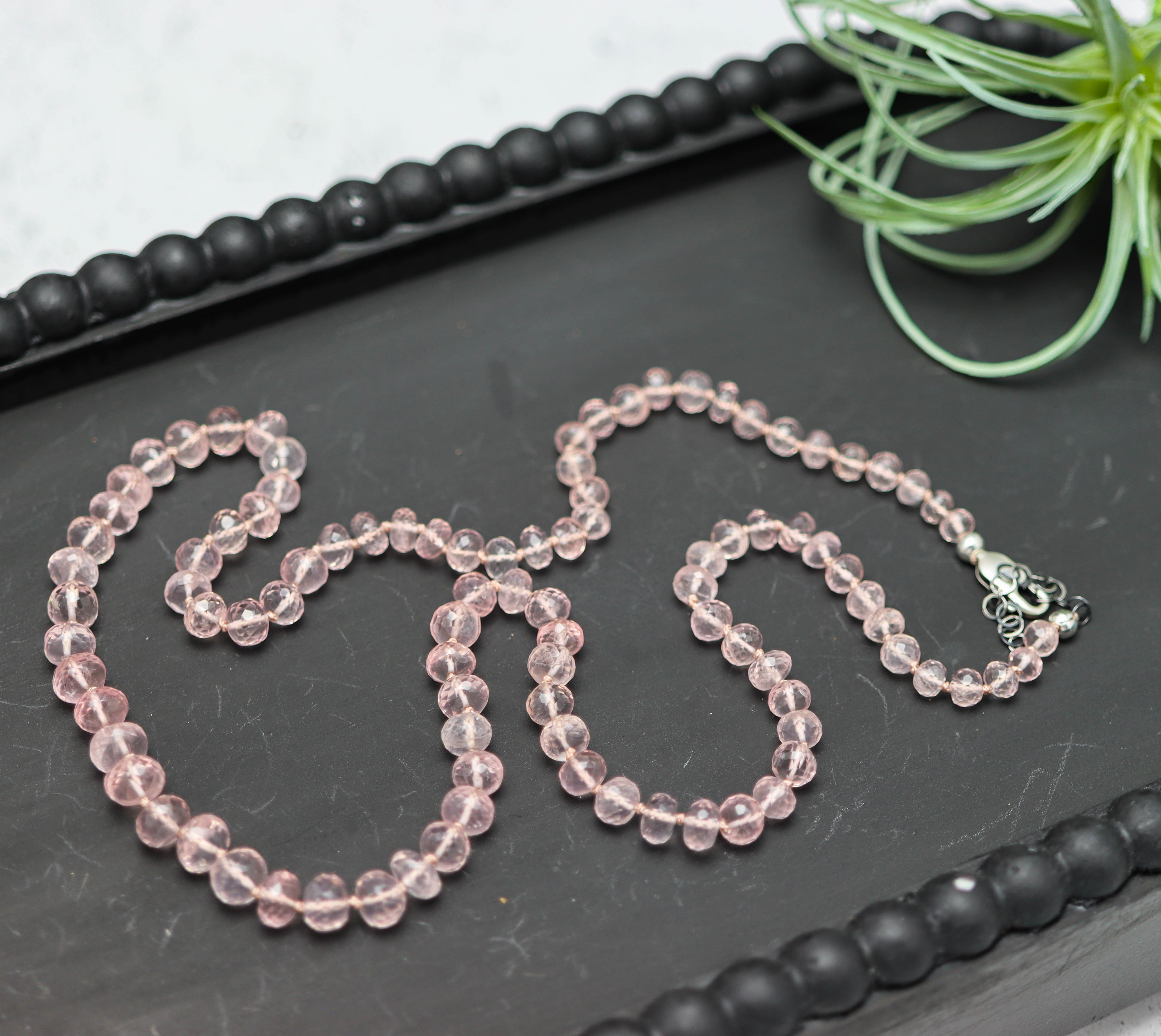 Madagascar Rose Quartz Hand Knotted Bead Necklace Sterling Silver