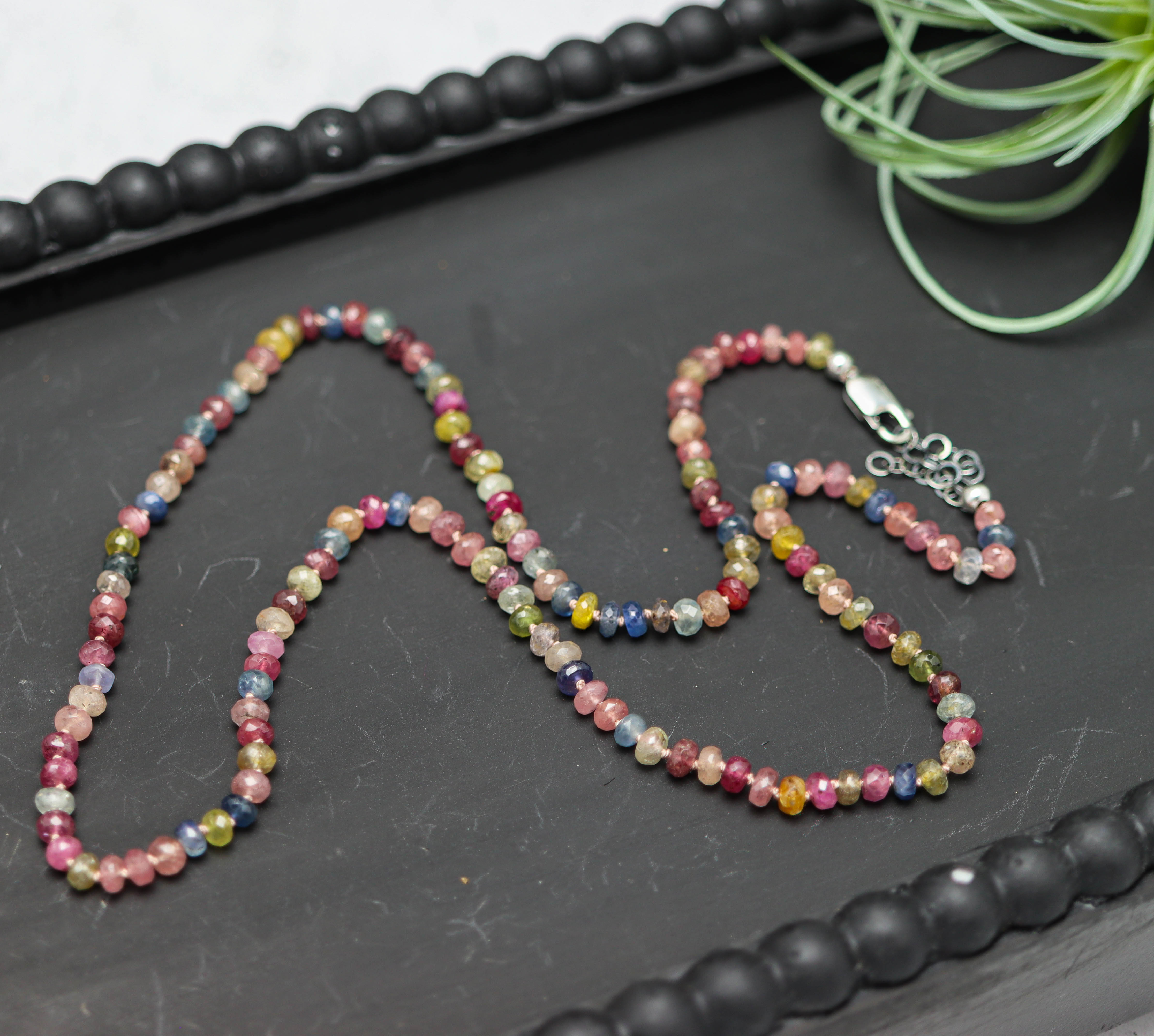 Multi Colored Sapphire Hand Knotted Bead Necklace Sterling Silver