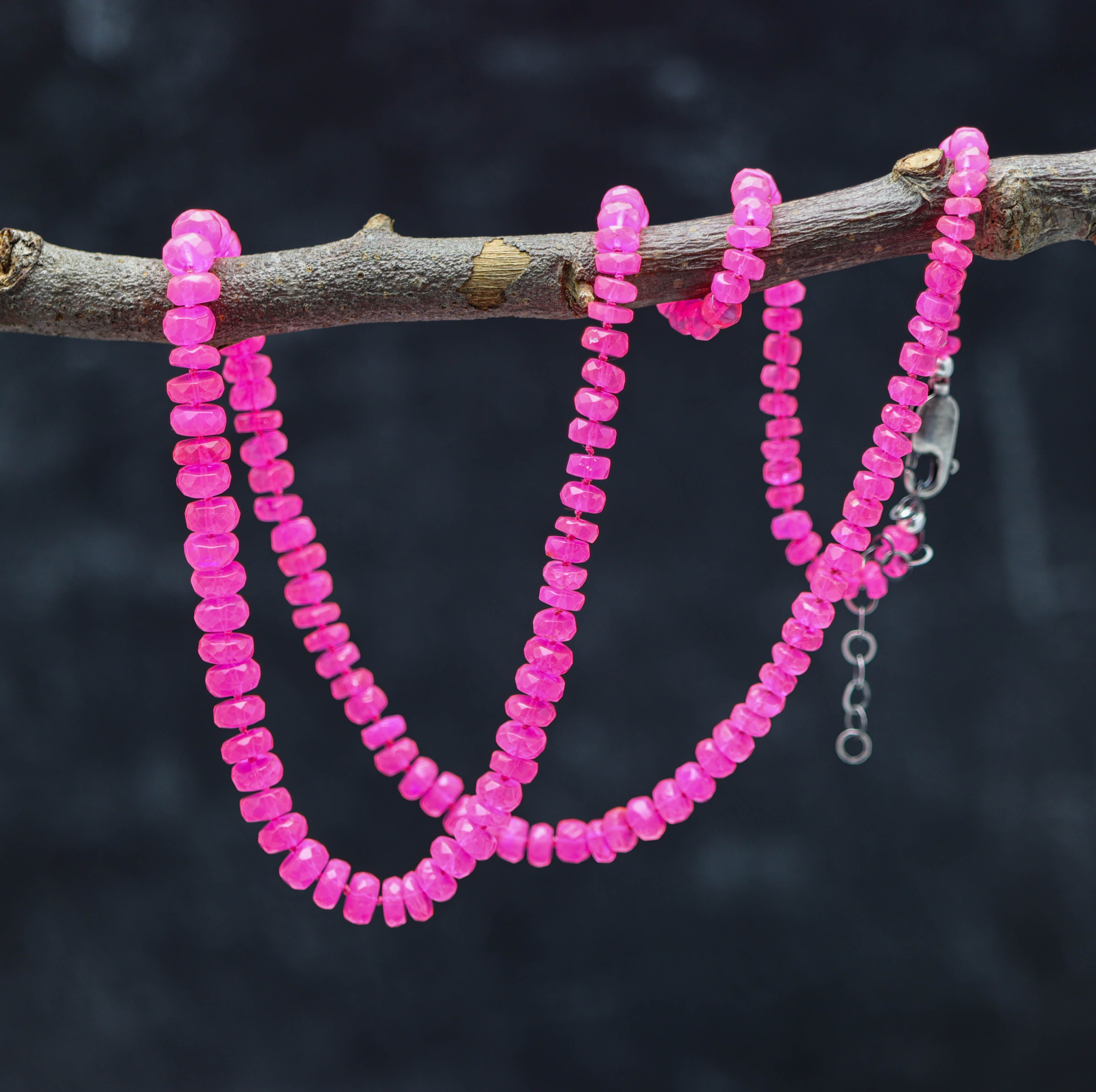 Hot Pink Opal Hand Knotted Bead Necklace Sterling Silver