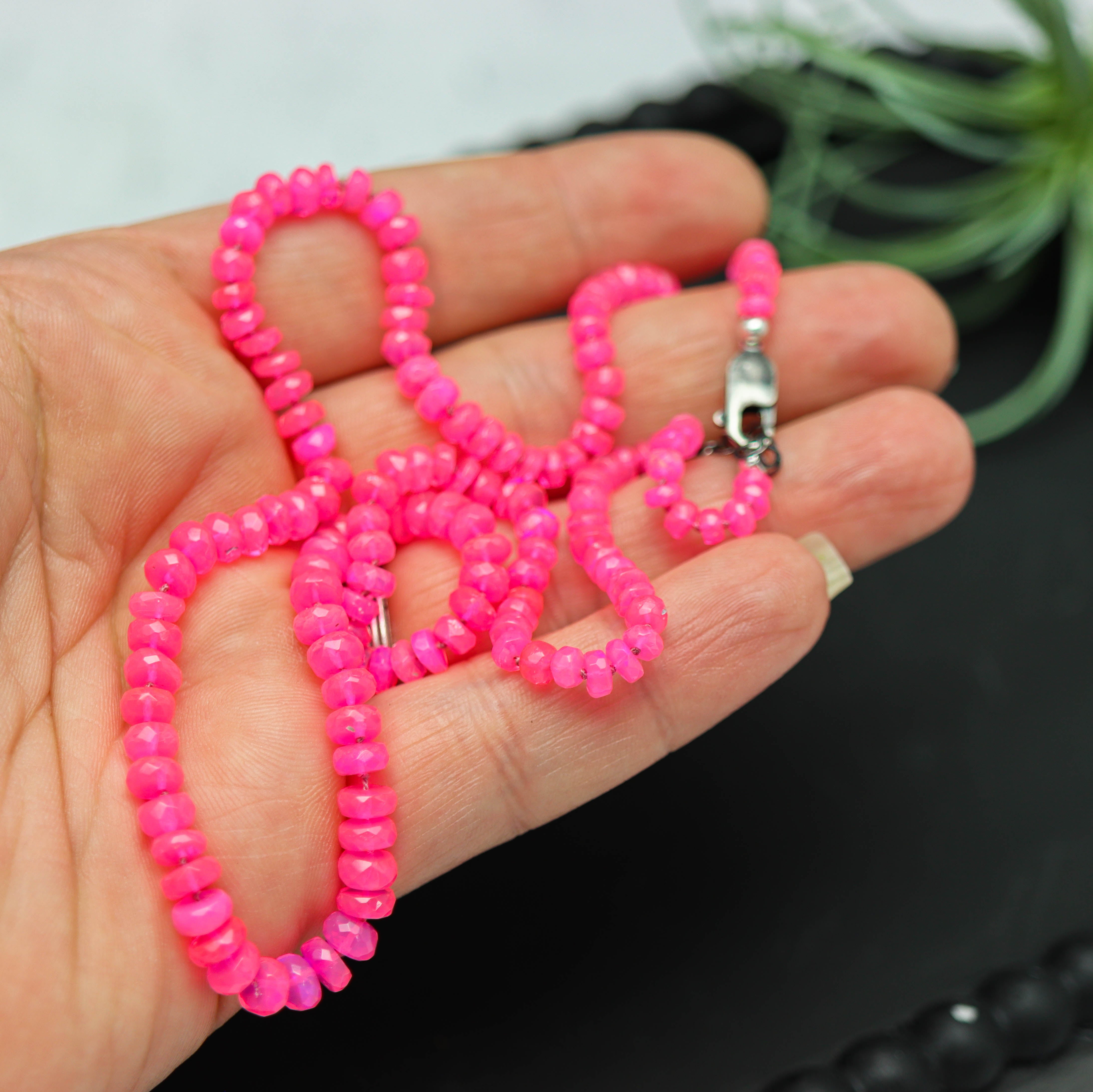 Hot Pink Opal Hand Knotted Bead Necklace Sterling Silver