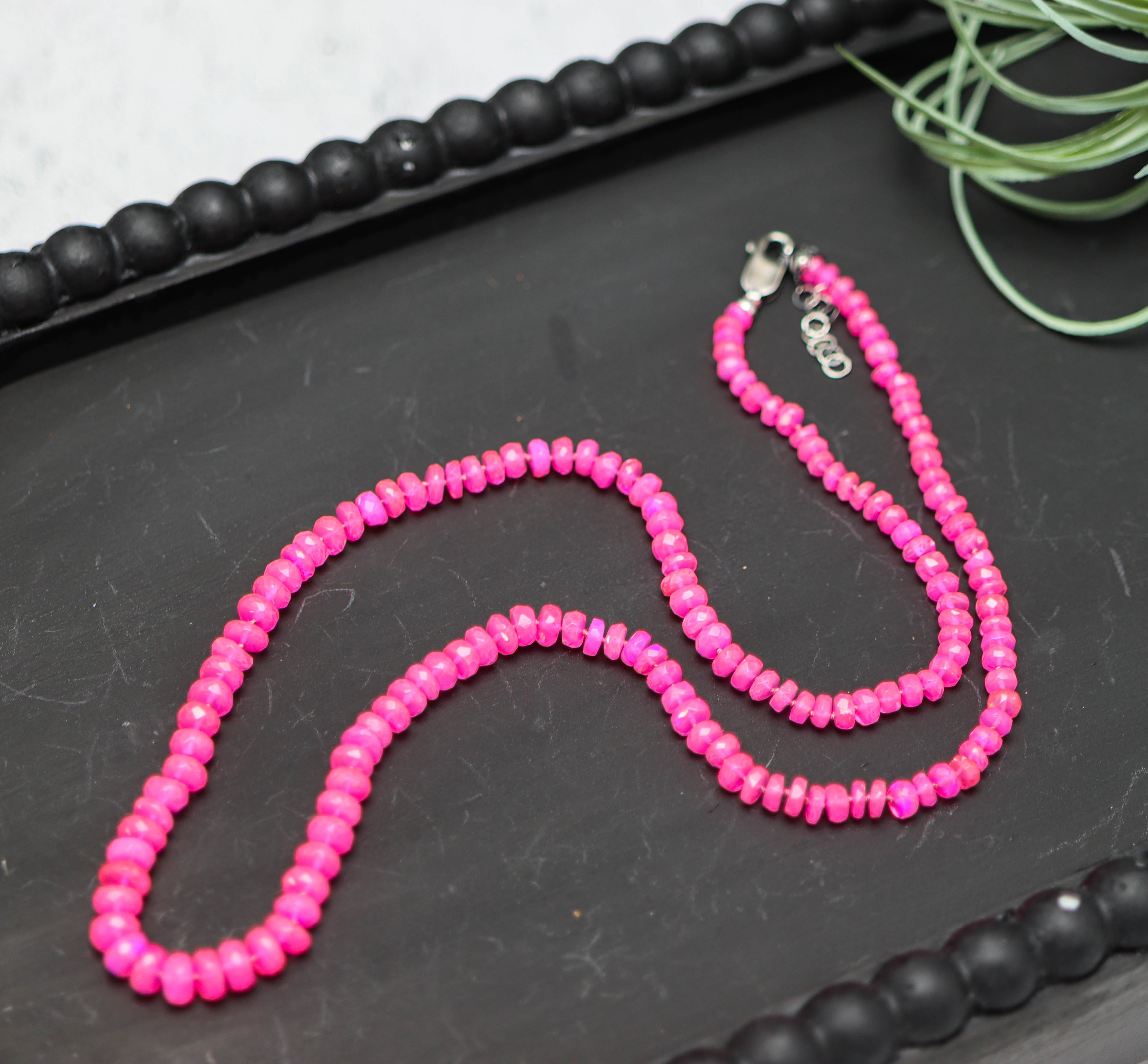 Hot Pink Opal Hand Knotted Bead Necklace Sterling Silver