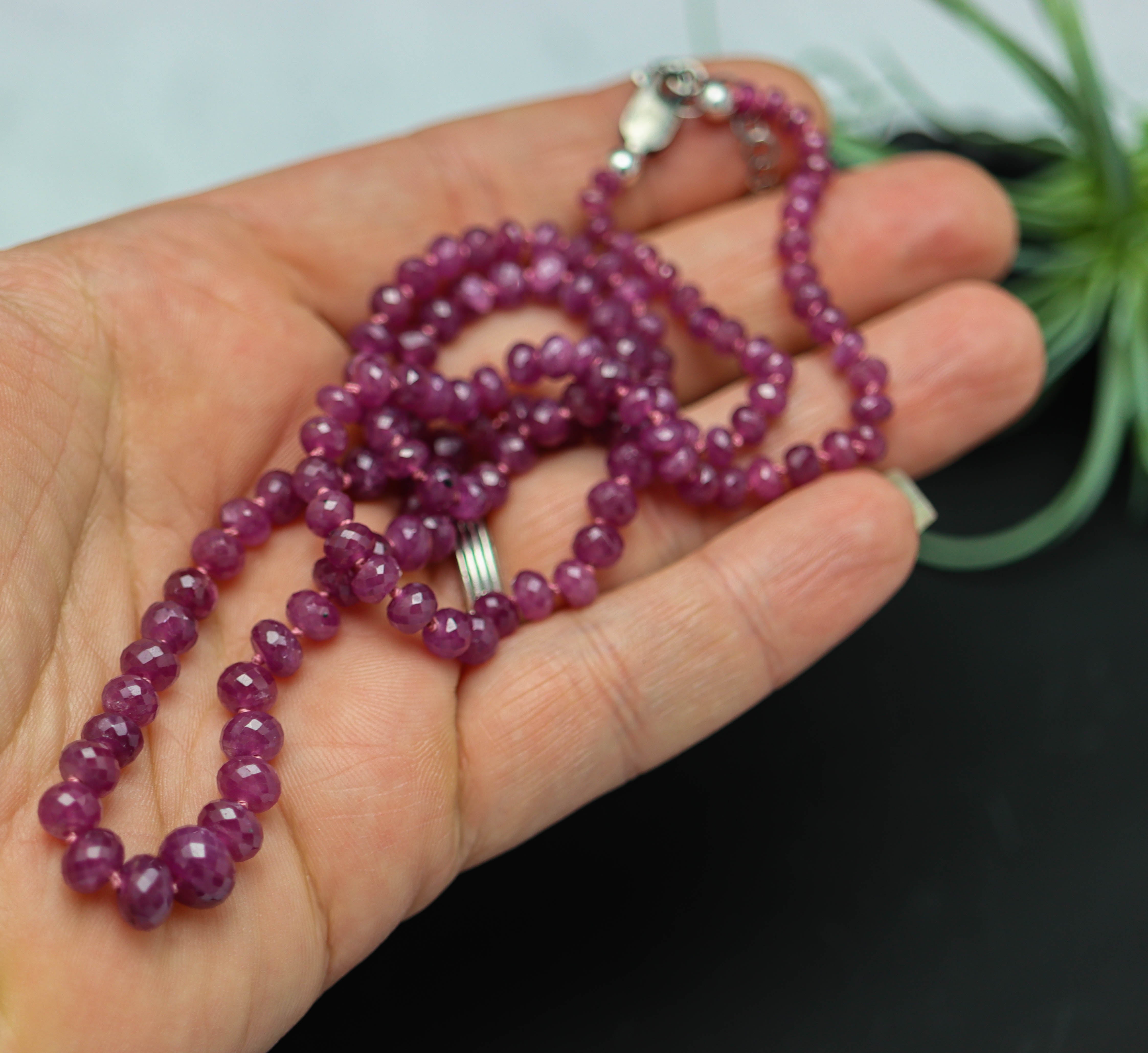 Ruby Hand Knotted Bead Necklace Sterling Silver