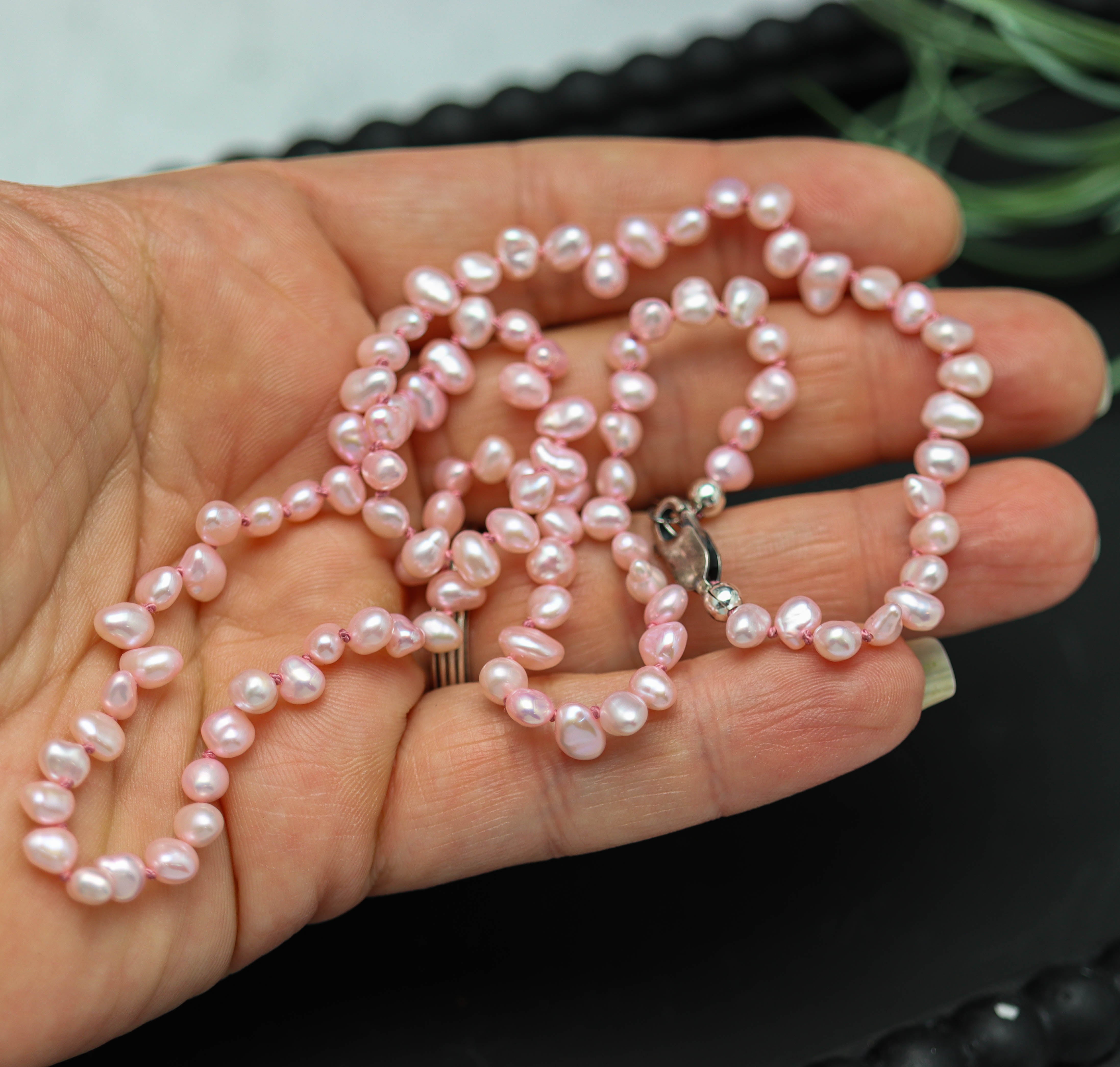 Pink Keshi Pearl Hand Knotted Bead Necklace Sterling Silver