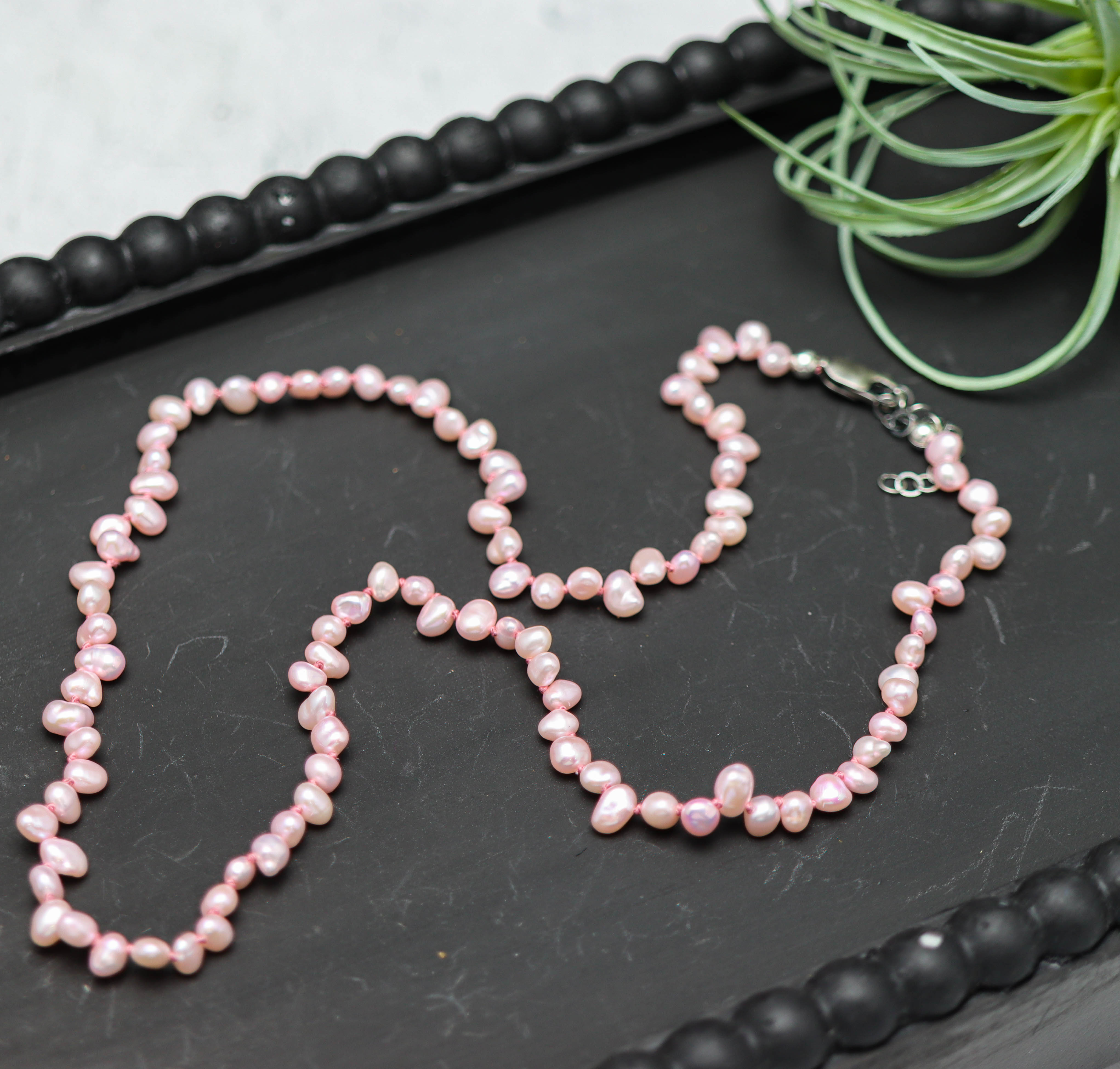 Pink Keshi Pearl Hand Knotted Bead Necklace Sterling Silver