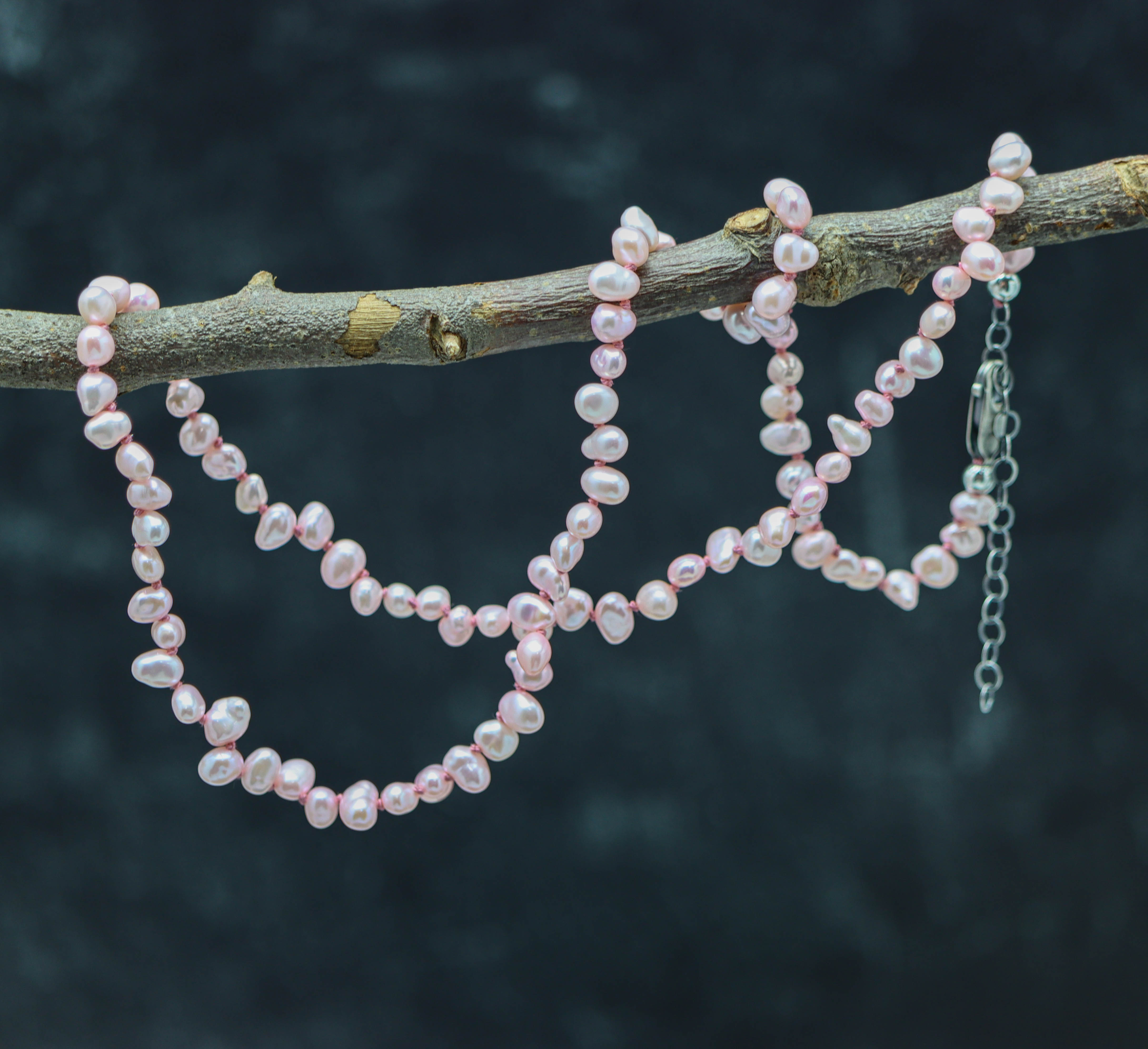 Pink Keshi Pearl Hand Knotted Bead Necklace Sterling Silver