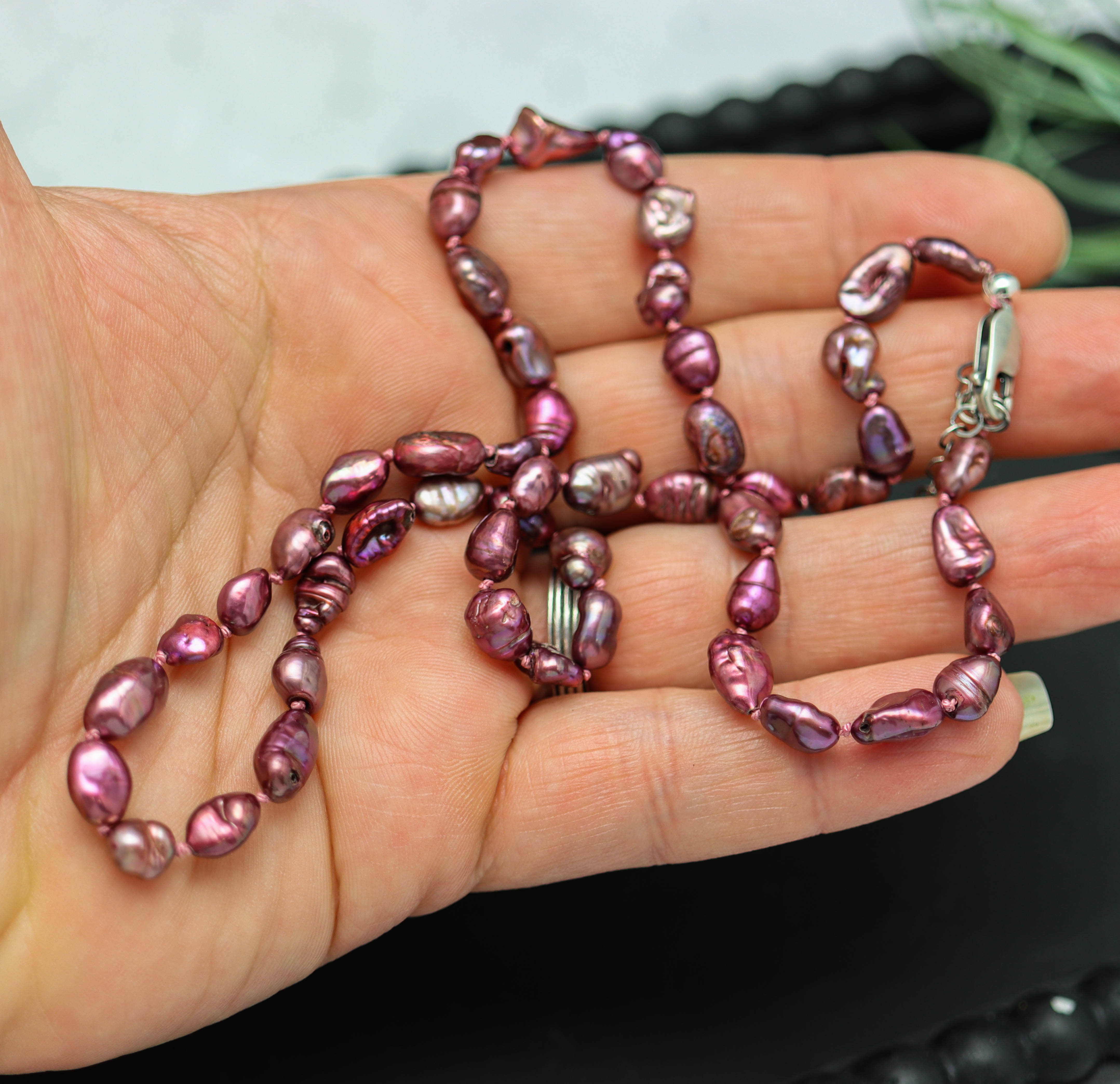 Mauve Pink Baroque Pearl Hand Knotted Bead Necklace Sterling Silver