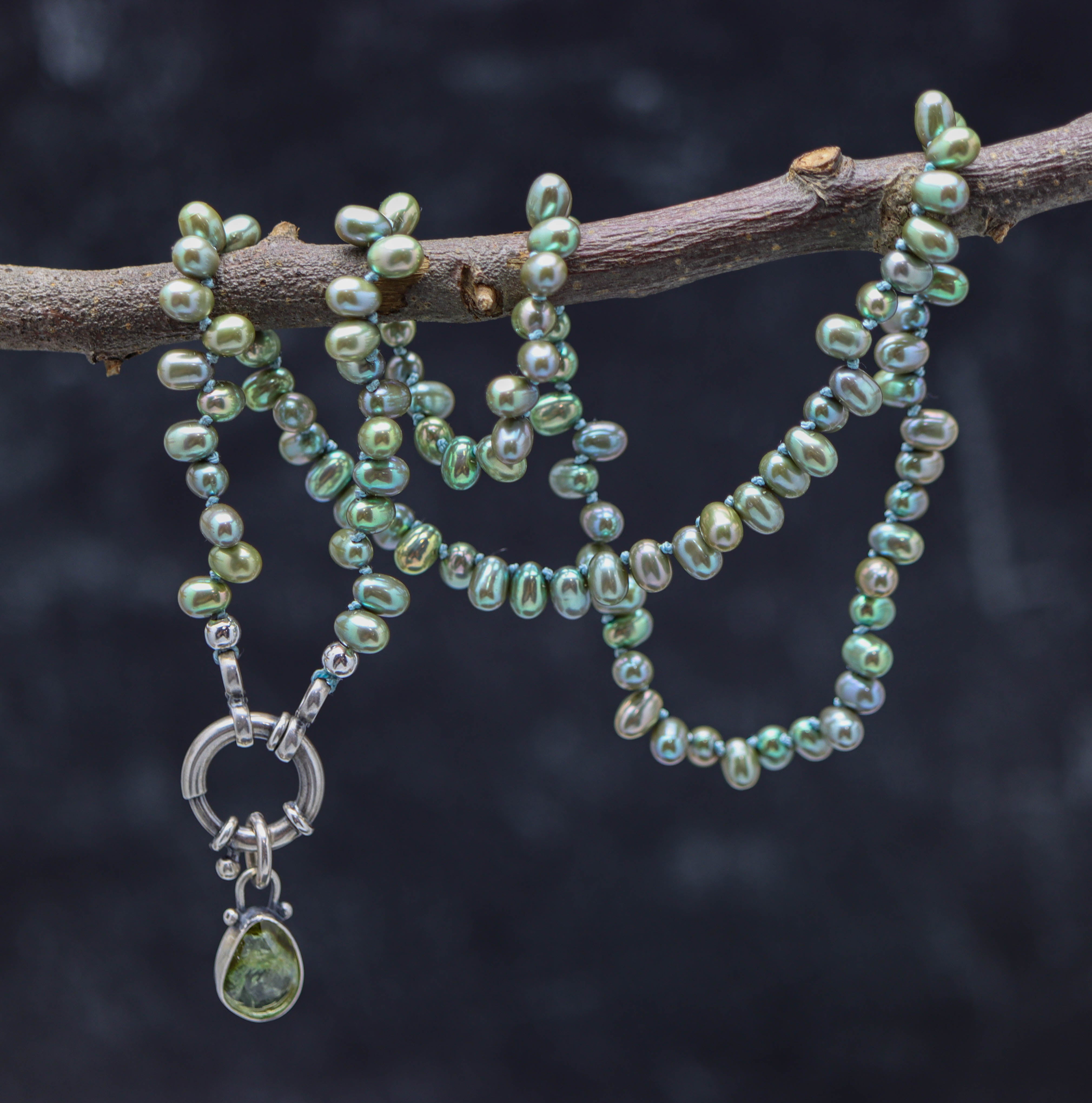 Green Freshwater Pearl and Tourmaline Pendant Hand Knotted Bead Necklace Sterling Silver