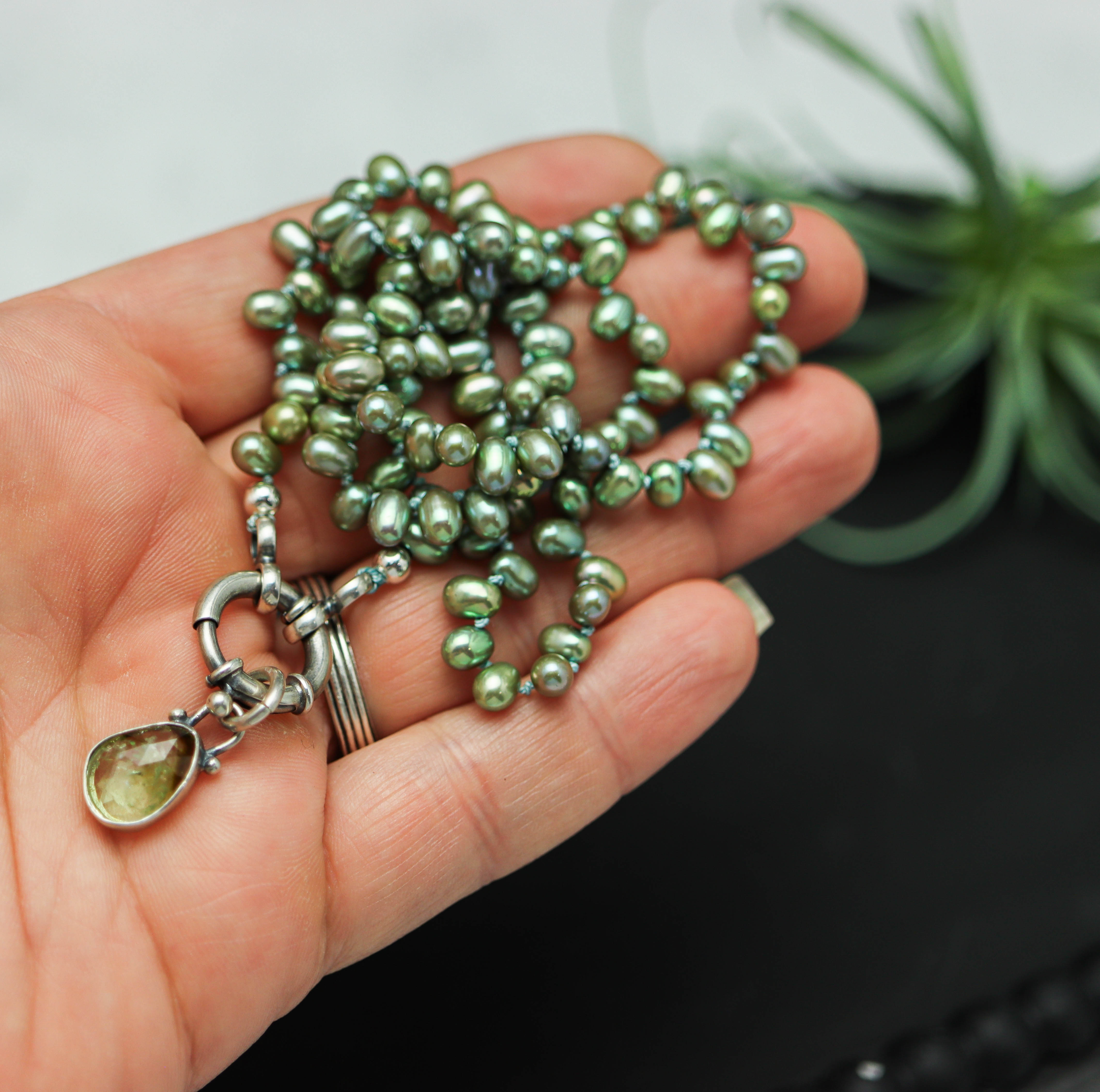 Green Freshwater Pearl and Tourmaline Pendant Hand Knotted Bead Necklace Sterling Silver