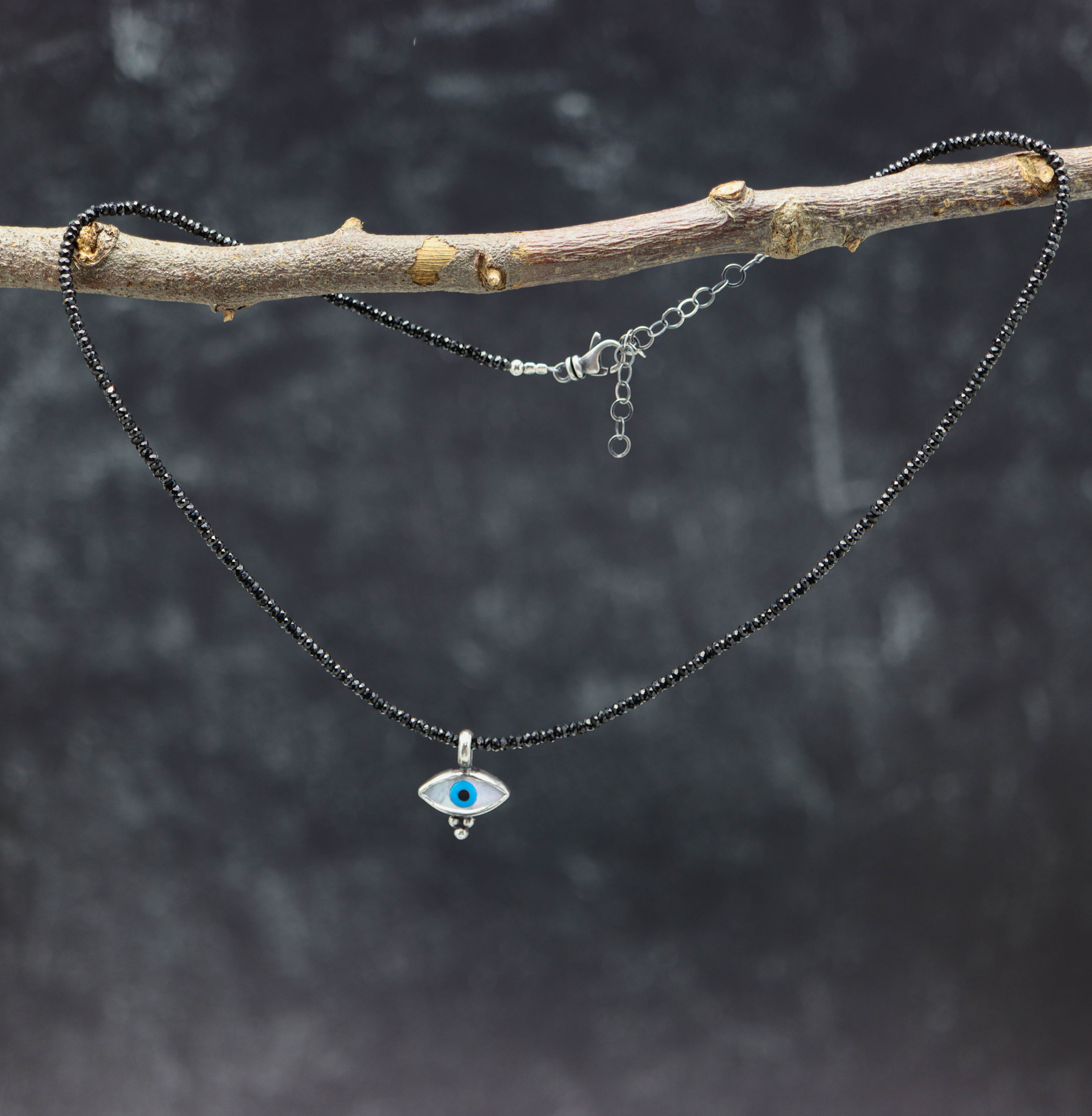 Evil Eye Pendant on a Black Spinel Beaded Necklace Sterling Silver