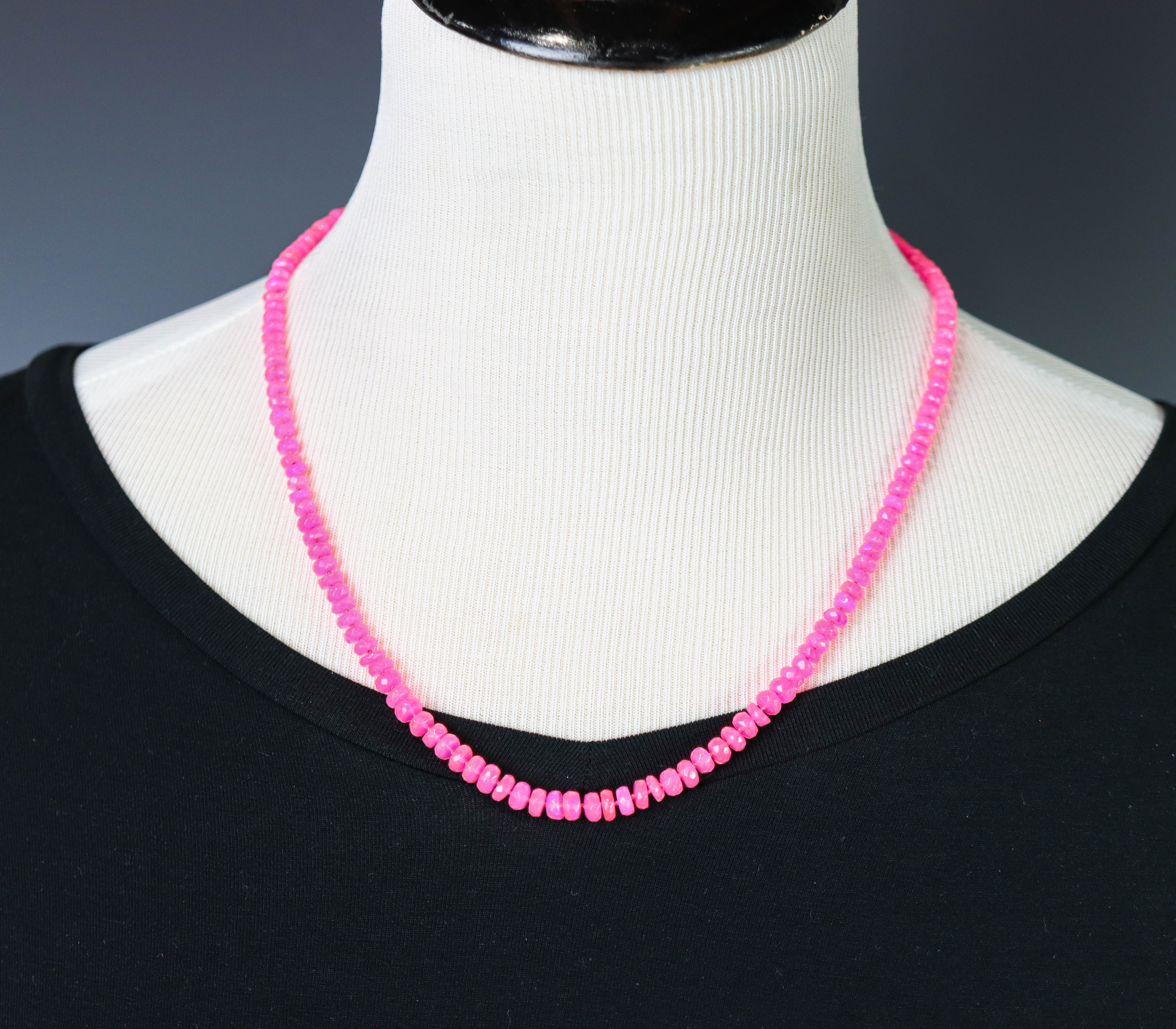 Hot Pink Opal Hand Knotted Bead Necklace Sterling Silver