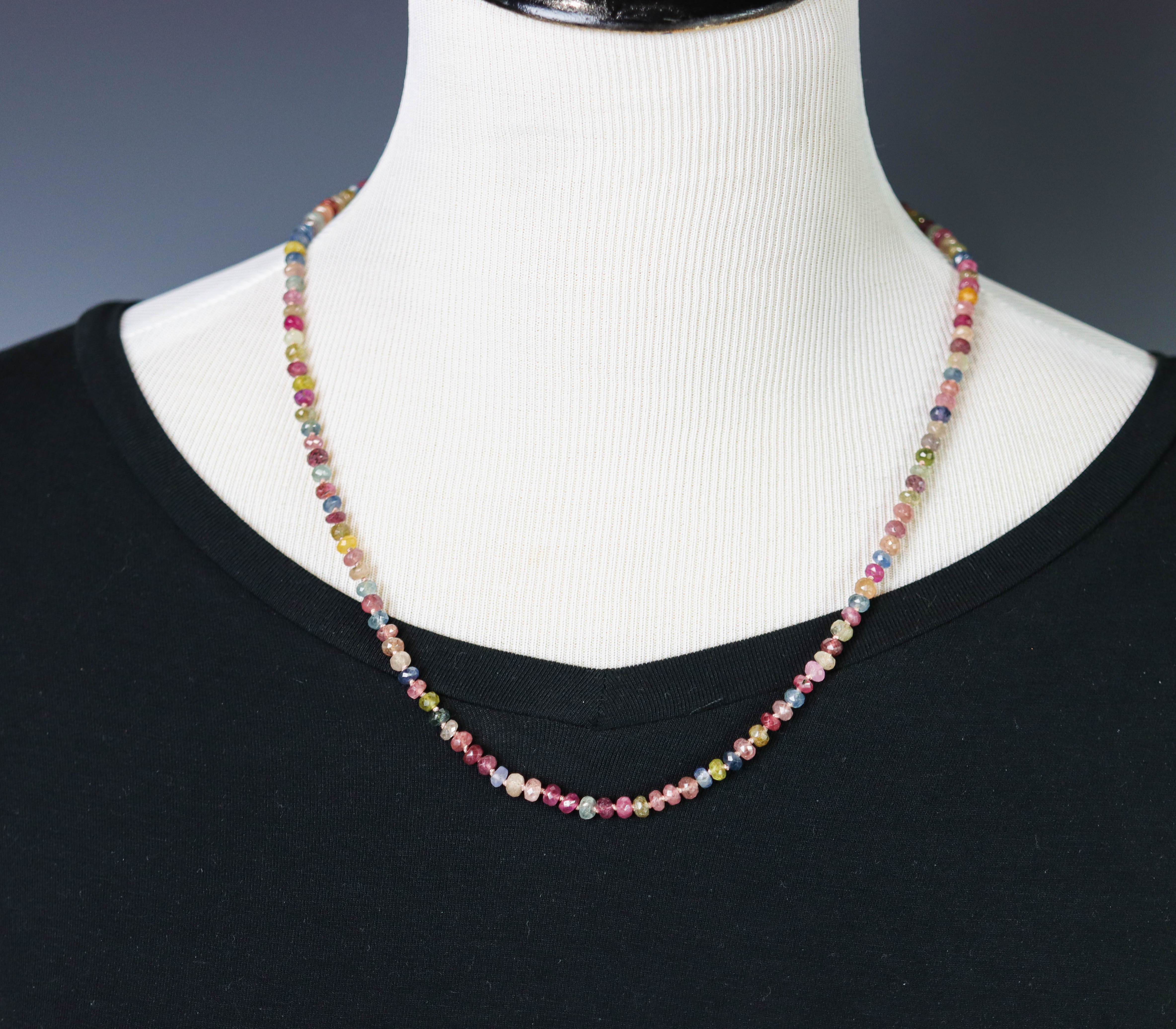 Multi Colored Sapphire Hand Knotted Bead Necklace Sterling Silver