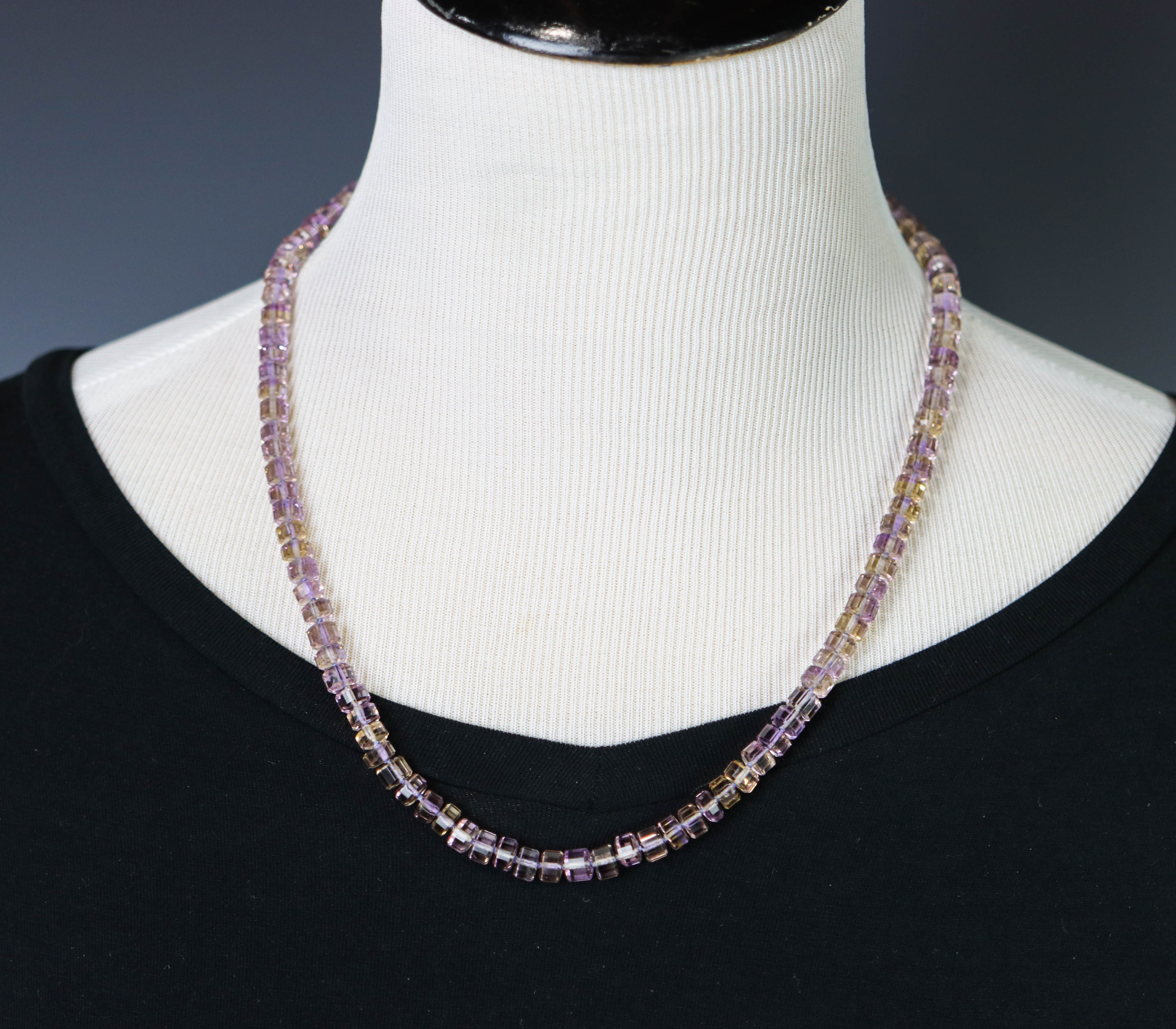 Ametrine Hand Knotted Bead Necklace Sterling Silver Faceted Barrels