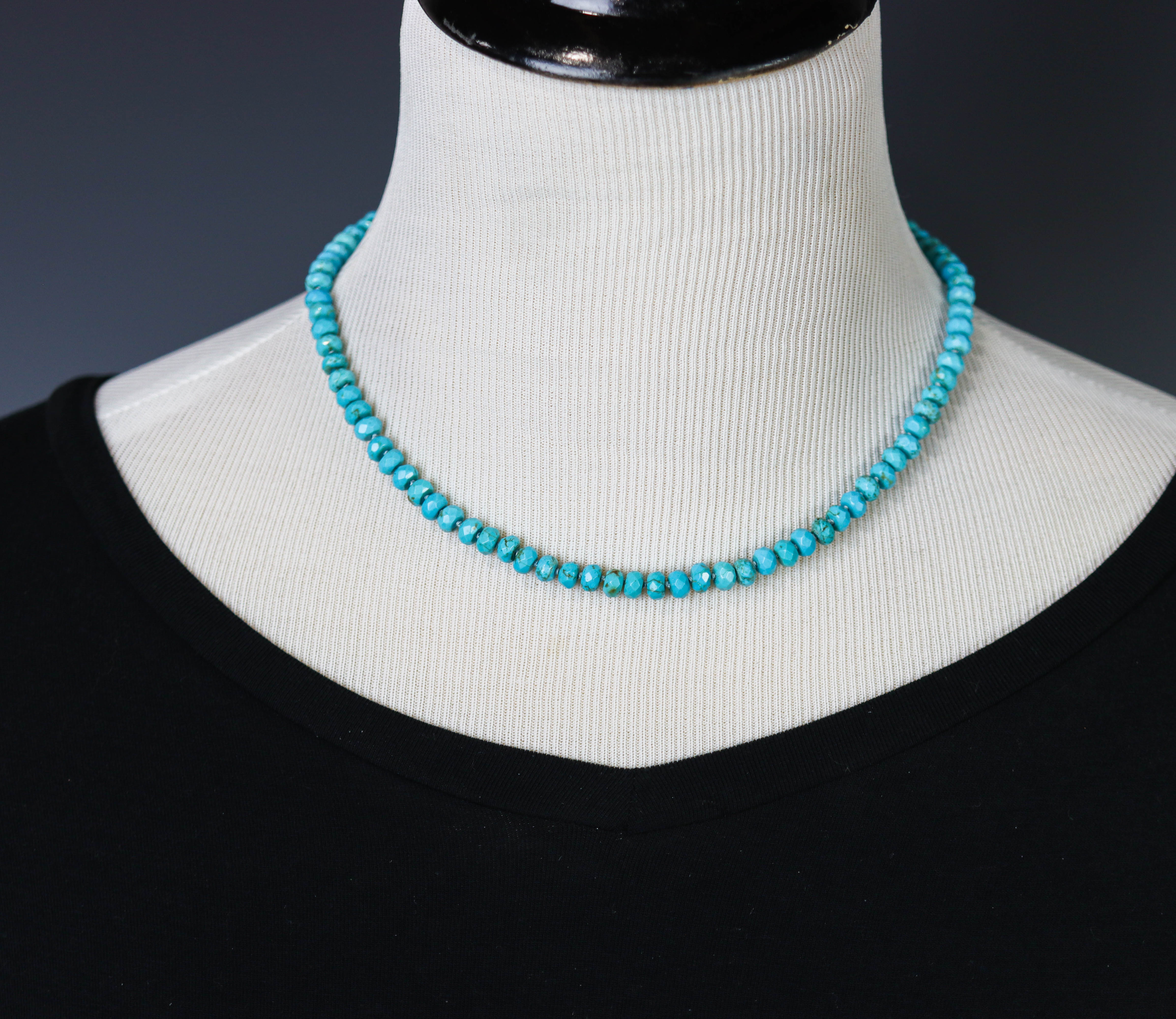 Faceted Turquoise Hand Knotted Bead Necklace Sterling Silver 16 inch