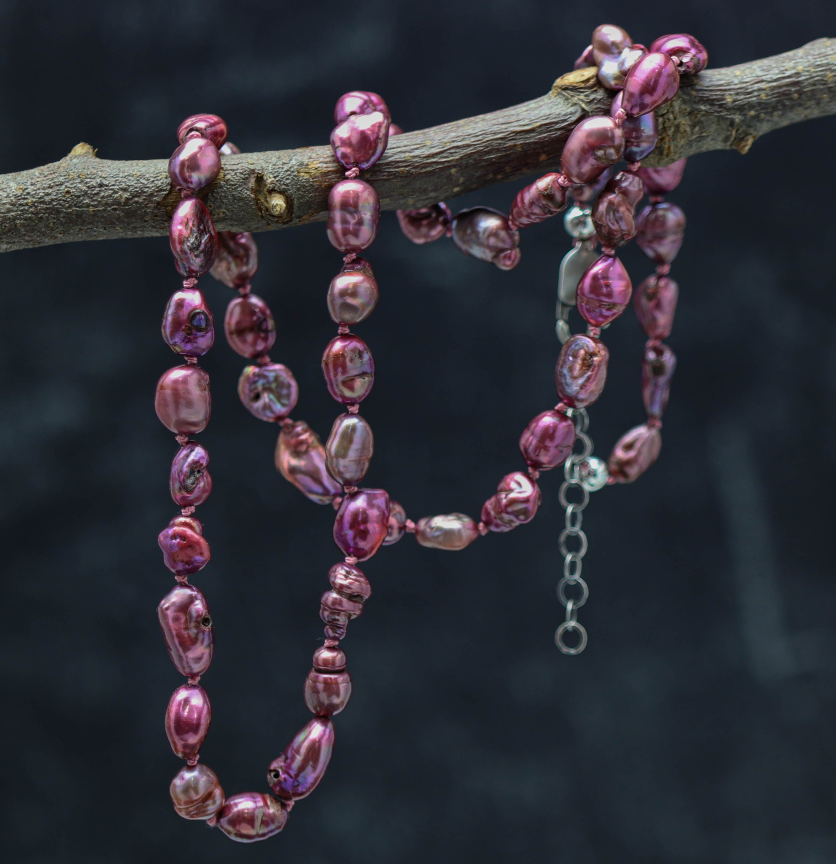 Mauve Pink Baroque Pearl Hand Knotted Bead Necklace Sterling Silver