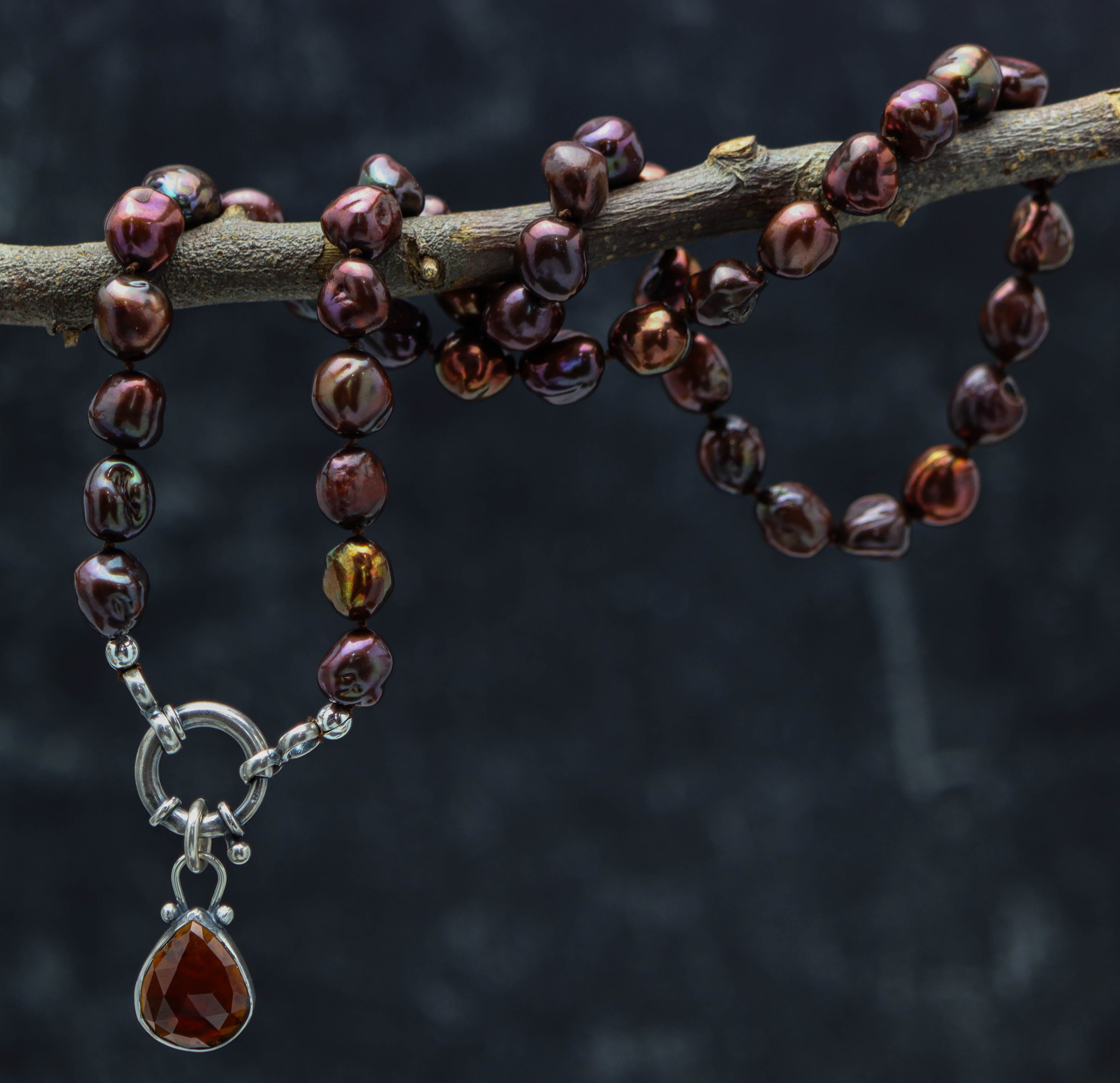 Chocolate Freshwater Pearl and Garnet Pendant Hand Knotted Bead Necklace Sterling Silver
