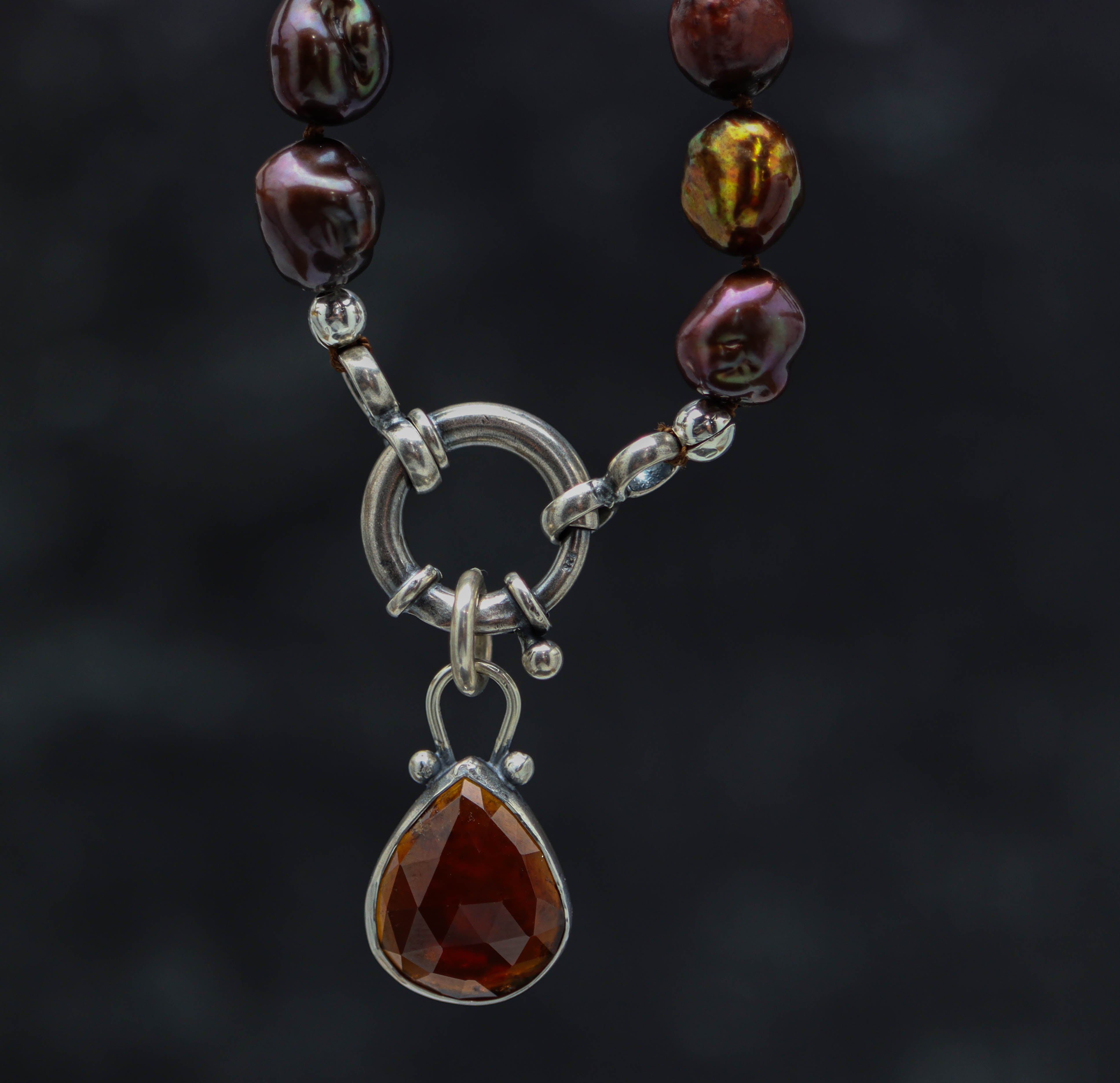 Chocolate Freshwater Pearl and Garnet Pendant Hand Knotted Bead Necklace Sterling Silver