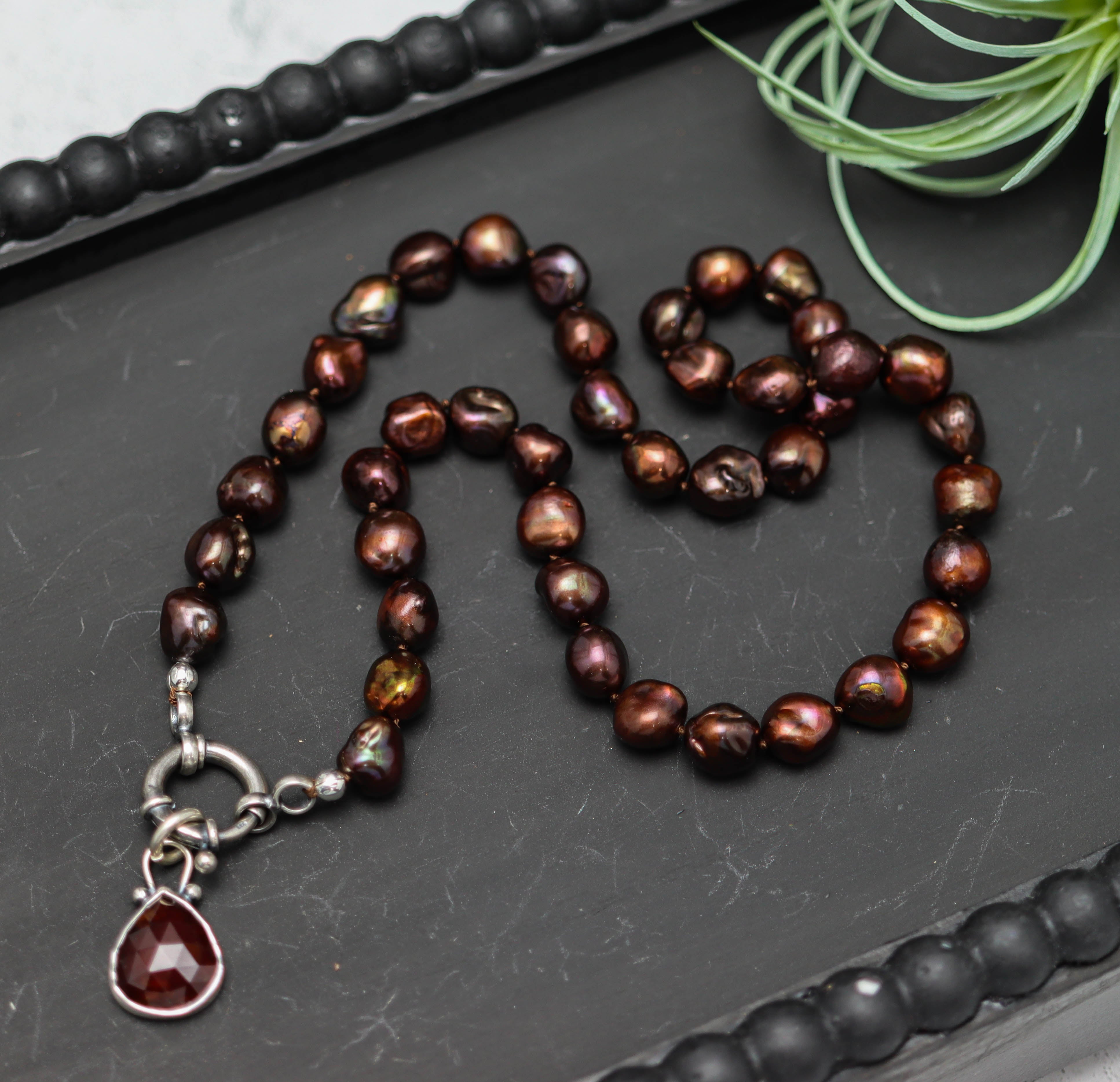 Chocolate Freshwater Pearl and Garnet Pendant Hand Knotted Bead Necklace Sterling Silver