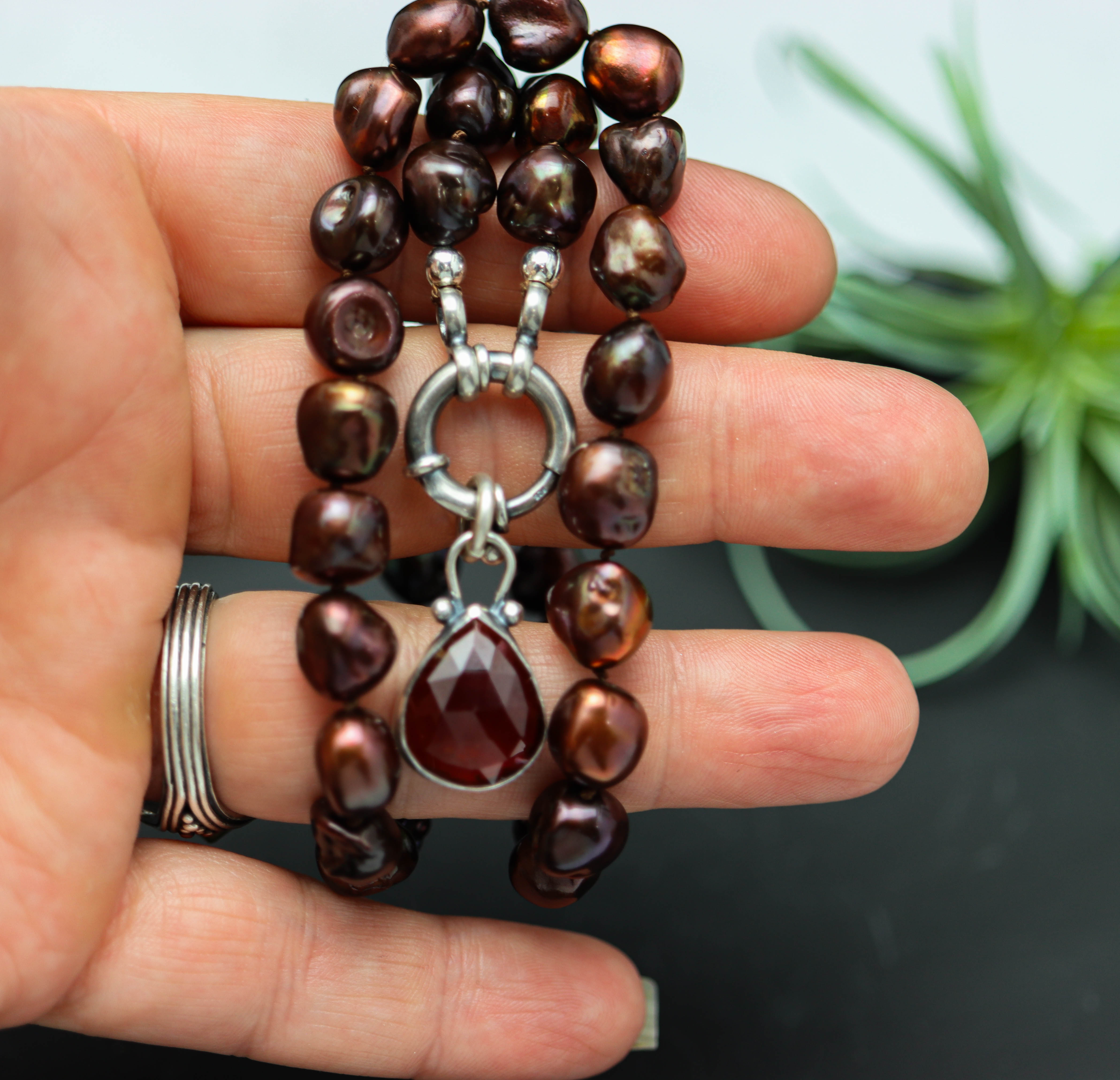 Chocolate Freshwater Pearl and Garnet Pendant Hand Knotted Bead Necklace Sterling Silver