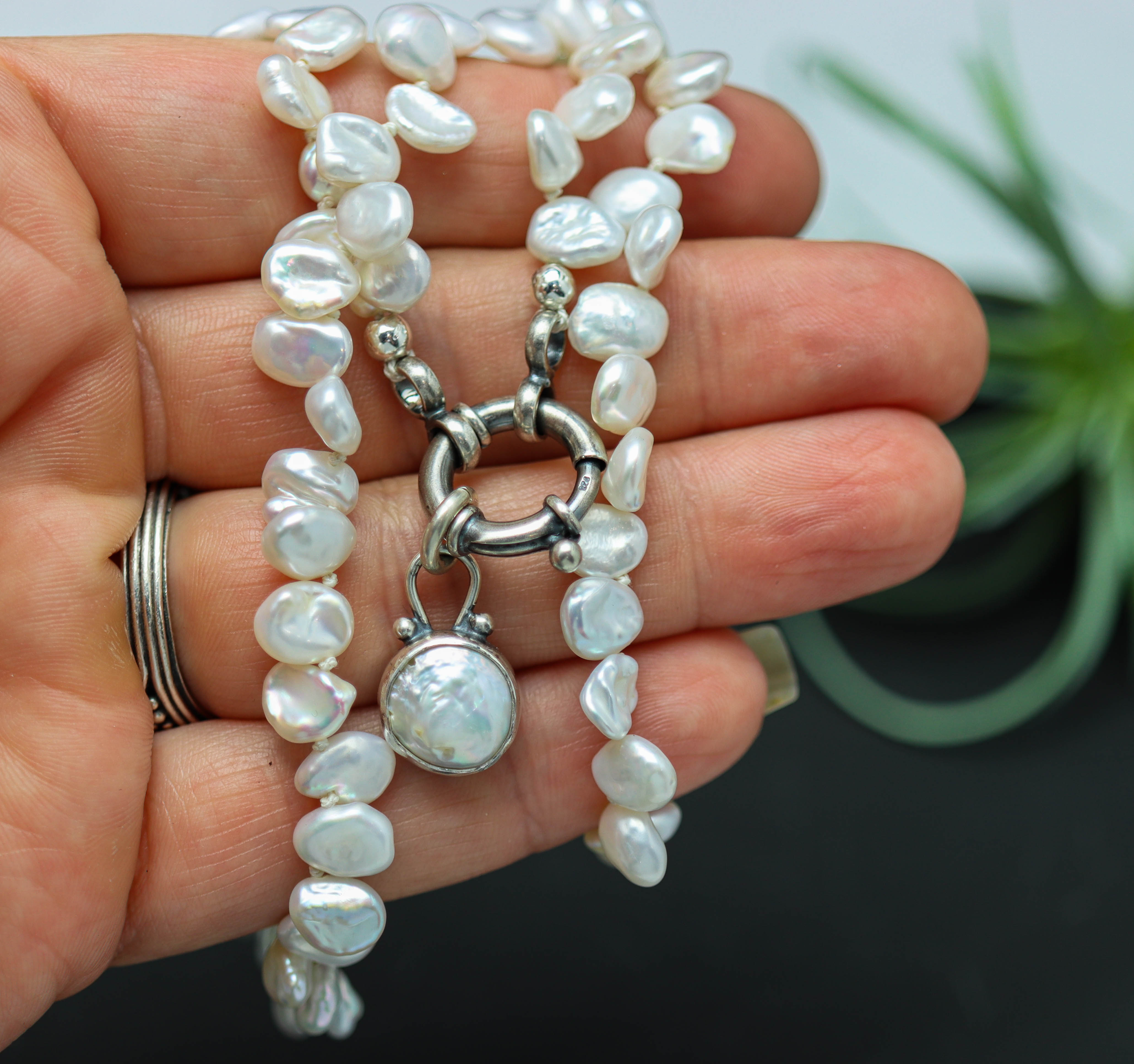 White Freshwater Pearl and Pearl Pendant Hand Knotted Bead Necklace Sterling Silver