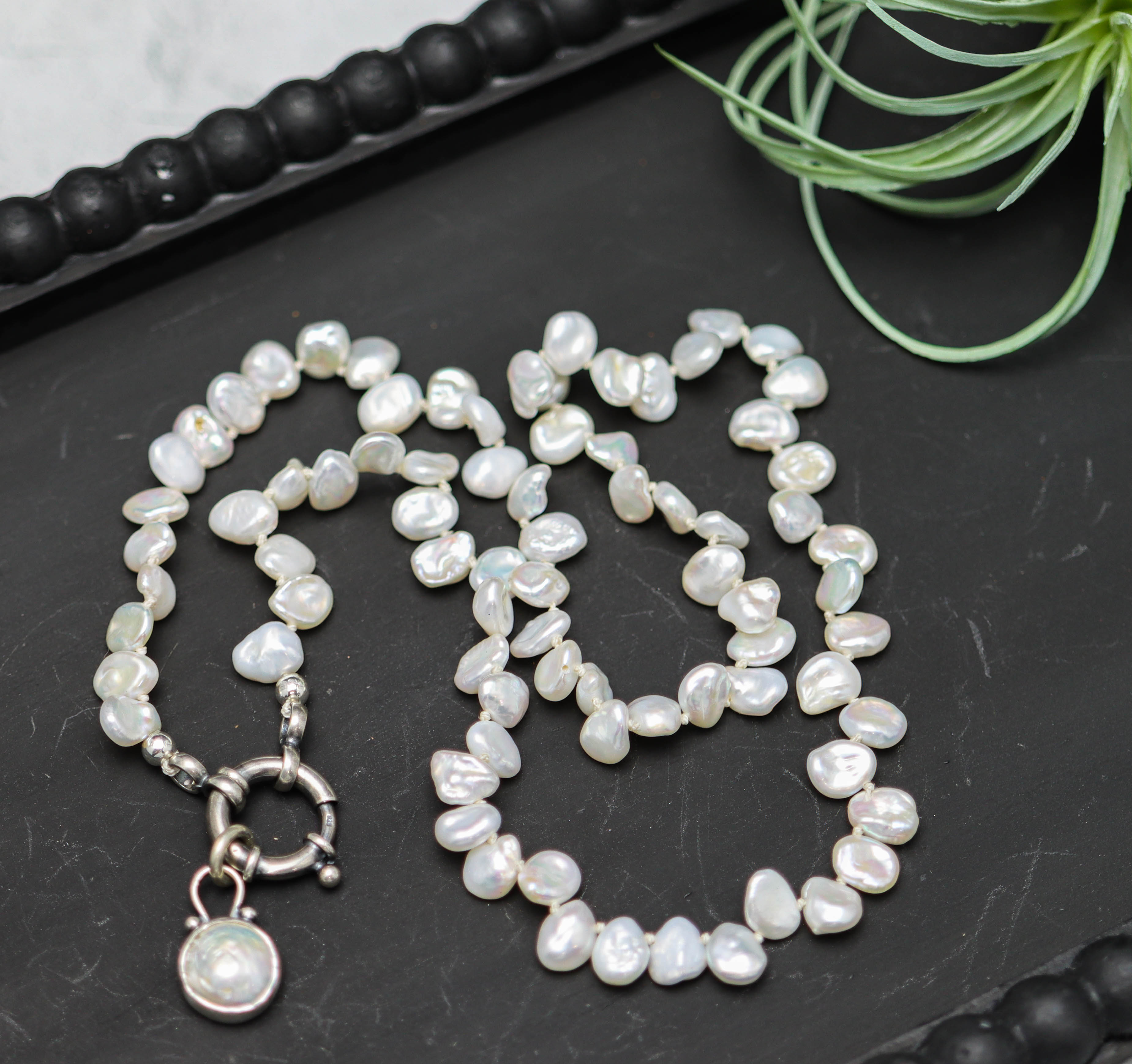 White Freshwater Pearl and Pearl Pendant Hand Knotted Bead Necklace Sterling Silver