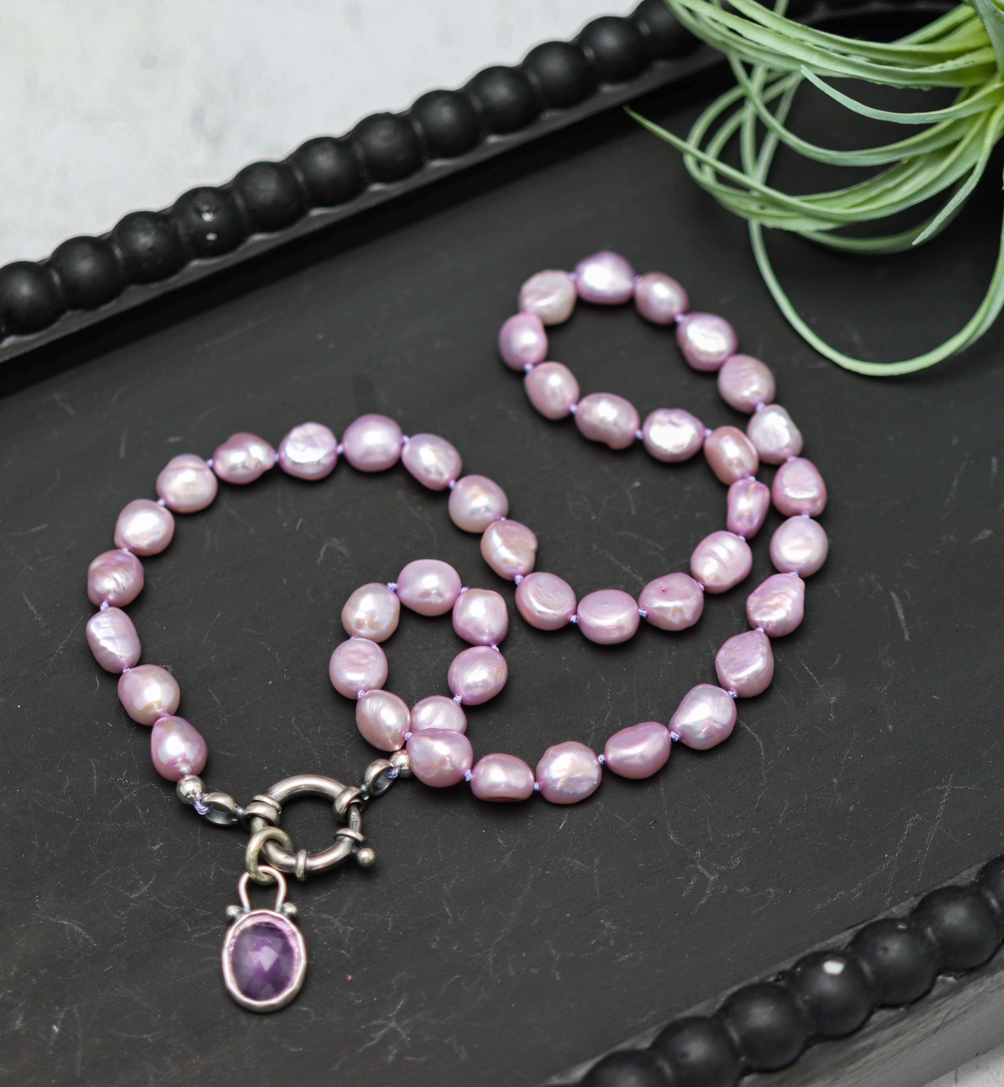 Purple Freshwater Pearl and Amethyst Pendant Hand Knotted Bead Necklace Sterling Silver